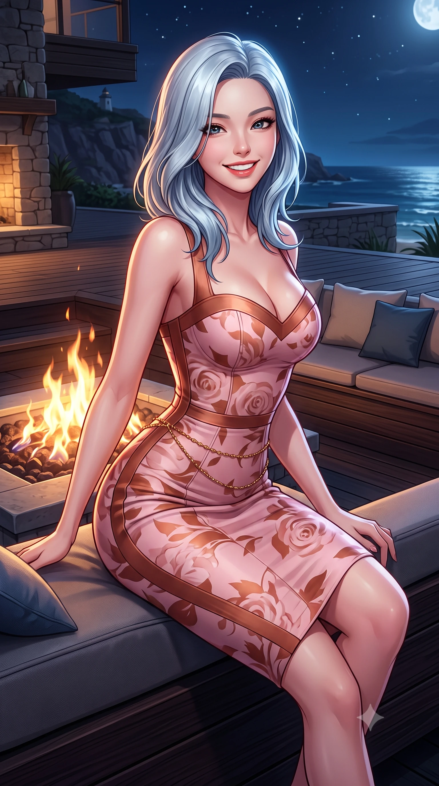 score_9, masterpiece, best quality, ultra-detailed, high-budget anime keyframe, semi-realistic 3D game render, editorial fashion photography, tasteful artistic composition, Korean woman. close-up cowboy shot from the waist and thighs up, the character dominates the composition, filling the frame with her large presence. perched sideways on the lounge seat, one knee drawn up to showcase her slender leg line while her arched back accentuates her feminine hip curve while twisting her slender torso in an alluring contrapposto stance beside the sunken gas fire pit, flame ribbons dancing across her dewy skin and flat midriff. The surrounding environment is rendered in vivid detail and crisp panoramic clarity: detailed outfit silhouette, fabric cling or tailoring, and coastal architecture in high resolution. She has an exceptionally elegant, slender, and willowy female figure with an ultra-slim waist, flat toned midriff, narrow ribcage, and sculpted feminine hips creating an alluring, slim hourglass silhouette without bulk. sharp v-shaped jawline, high-bridge nose, intricate jewel-like sparkling eyes with depth, thick eyelashes, glossy parted lips with a natural peach sheen, bright cheerful beaming smile with an enchanting and coquettish sensual glint, exuding both youthful cute charm and seductive allure, flawlessly proportioned anatomical accuracy, strict slender model proportions, natural body alignment, perfectly sculpted long slender limbs, ultra-slim waistline, clean dynamic posture without body distortion. wearing a body-contouring dense bandage knit pencil dress with sweetheart neckline in Grasse centifolia rose petal blush and burnished copper, woven from buttery-soft stretch lambskin leather adhering to her body like a second skin, accented with a dainty gold belly chain resting across her flat midriff and curving hips, the glove-like clinging cut tightly following the natural contour of her hips and long slender legs with youthful 8.5-heads elegance. bathed in the warm radiant 2100K hearth glow of the outdoor fire bowl mixed with cool Atlantic starlight and moonlight. highly saturated vibrant anime colors, detailed shading with soft gradients, rich glossy textures, high-contrast stereoscopic depth, volumetric dynamic lighting, master piece, 9:16 ratio