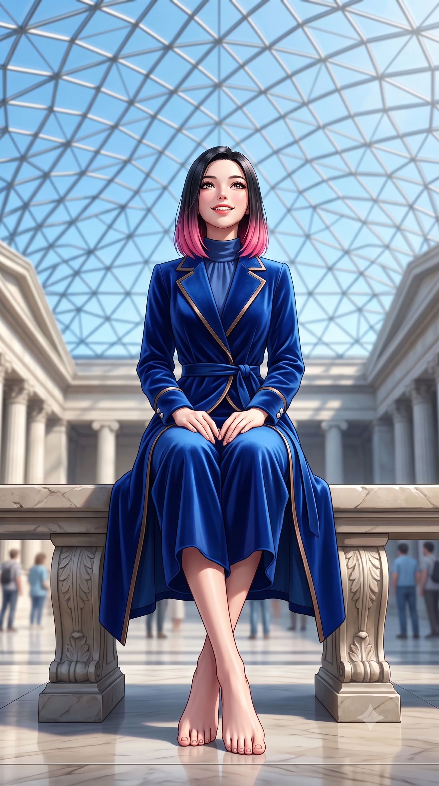 score_9, masterpiece, best quality, ultra-detailed, high-budget anime keyframe, semi-realistic 3D game render, editorial fashion photography, tasteful artistic composition, Korean woman. low angle full-body shot from head to toe showing her feet, filling the entire 9:16 vertical frame with her statuesque presence, stretching her vertical silhouette. sitting gracefully on the carved stone bench with legs crossed at the ankles, hands resting gently in her lap with noble poise while standing poised beneath the monumental geodesic glass roof canopy, gazing upward with an inspired, breathtaking smile. The background shows a soft-focus triangular glass roof lattice patterns against blue autumn sky, neoclassical colonnades, and museum visitors blurred into alabaster, sky blue, and dove grey bokeh. She has an exceptionally tall and slender model-like 8.5-heads proportion, an ultra-slim waist, a flat toned midriff, narrow delicate ribcage, and beautifully sculpted feminine hips creating a graceful, slim hourglass silhouette without any bulky heaviness, with impossibly long slender legs. sharp v-shaped jawline, high-bridge nose, intricate jewel-like sparkling eyes with depth, thick eyelashes, glossy parted lips with a natural peach sheen, bright cheerful beaming smile with an enchanting and coquettish sensual glint, exuding both youthful cute charm and seductive allure, flawlessly proportioned anatomical accuracy, strict slender model proportions, natural body alignment, perfectly sculpted long slender limbs, ultra-slim waistline, clean dynamic posture without body distortion. wearing a modern tailored silk-blend robe coat with minimalist sash belt layered over a high-neck blouse and wide culottes in royal sapphire blue and antique brushed bronze, crafted from rich cotton velvet with deep light-absorbing pile and soft gradients, finished with fine mother-of-pearl cuff buttons catching the soft ambient light, the structured cinched belt emphasizing her narrow waistline and gracefully balanced proportions with timeless haute-couture polish. bathed in voluminous pure white zenithal daylight filtering through the vast geometric glass skylight canopy. highly saturated vibrant anime colors, detailed shading with soft gradients, rich glossy textures, high-contrast stereoscopic depth, volumetric dynamic lighting, master piece, 9:16 ratio