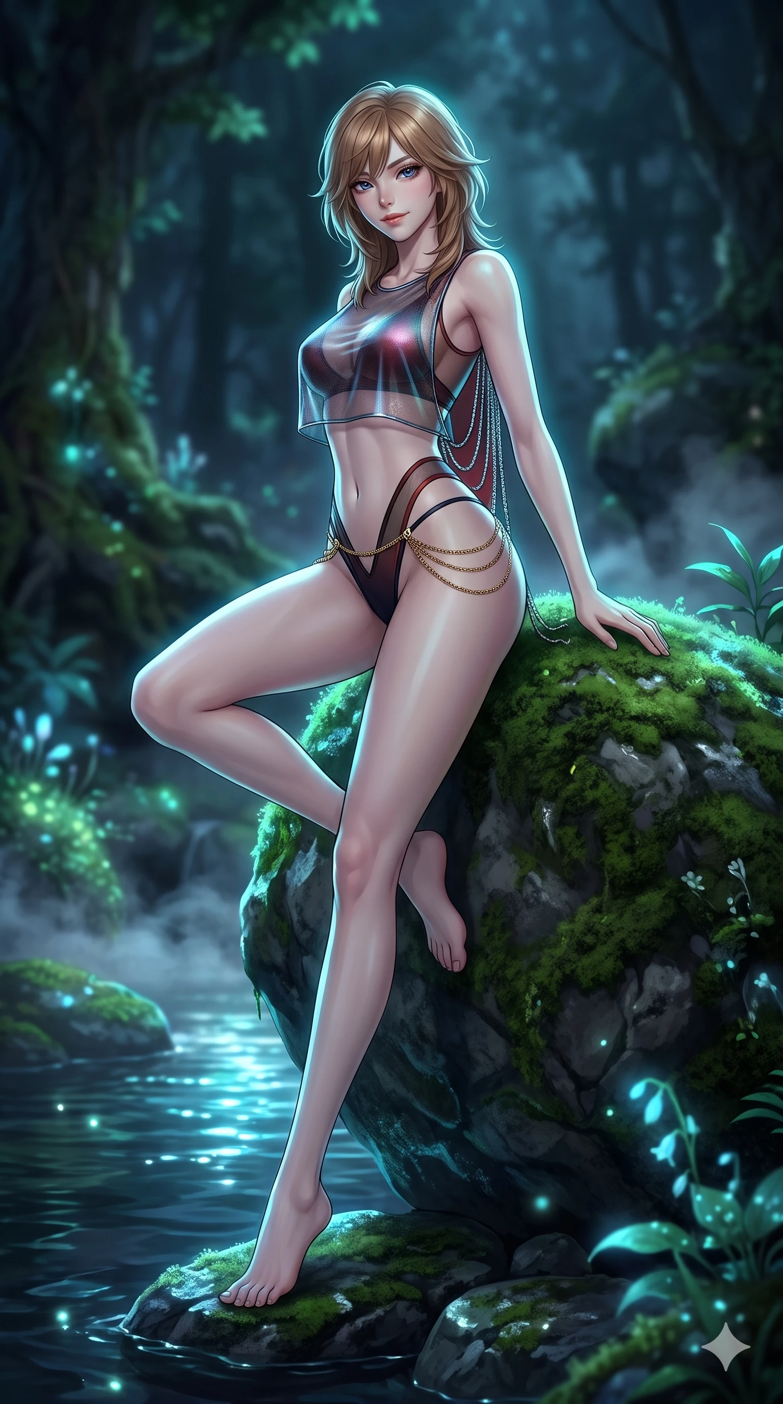 score_9, masterpiece, best quality, ultra-detailed, high-budget anime keyframe, semi-realistic 3D game render, editorial fashion photography, tasteful artistic composition, Korean woman. low angle full-body shot from head to toe showing her feet, filling the entire 9:16 vertical frame with her statuesque presence, stretching her vertical silhouette. stepping forward in a confident stride, her long slender legs and curvaceous hips creating a dynamic, sweeping vertical line while perched sideways on the mossy boulder at the water's edge, one knee drawn up to showcase her slender leg line while her arched back accentuates her curves. The background shows a soft-focus sacred secluded mountain spring softened in nocturnal fantasy shallow focus. She has an absolutely perfect, statuesque 8.5-heads proportion, an exceptionally tall and slender model-like female figure with impossibly long slender legs, an ultra-slim waist, a flat toned midriff, narrow delicate ribcage, and beautifully sculpted feminine hips creating a graceful, slim hourglass silhouette without any bulky heaviness. sharp v-shaped jawline, high-bridge nose, sparkling eyes with hypnotic seductive depth, thick curled eyelashes, glossy parted lips with a natural dewy peach sheen, alluring bedroom-eyes with an enchanting coquettish smile, exuding magnetic siren charisma and sophisticated glamour, flawlessly proportioned anatomical accuracy, strict slender model proportions, natural body alignment, perfectly sculpted long slender limbs, ultra-slim waistline, clean dynamic posture without body distortion. wearing a translucent iridescent mesh crop top paired with high-cut string bikini bottoms and gold norigae waist chains in midnight obsidian black and rich cinnabar red, featuring strategic sheer-illusion micro-mesh cutouts along her ribcage and hip flanks, accented with an open-back drape framed by falling strands of delicate chrome chains, the bespoke structured tailoring following the natural line of her 8.5-heads silhouette with refined elegance. illuminated by spring water surface bounce and sharp cyan-aquamarine rim lights defining her razor-sharp jawline, narrow waist, and curvy hips. highly saturated vibrant anime colors, detailed shading with soft gradients, rich glossy textures, high-contrast stereoscopic depth, volumetric dynamic lighting, master piece, 9:16 ratio