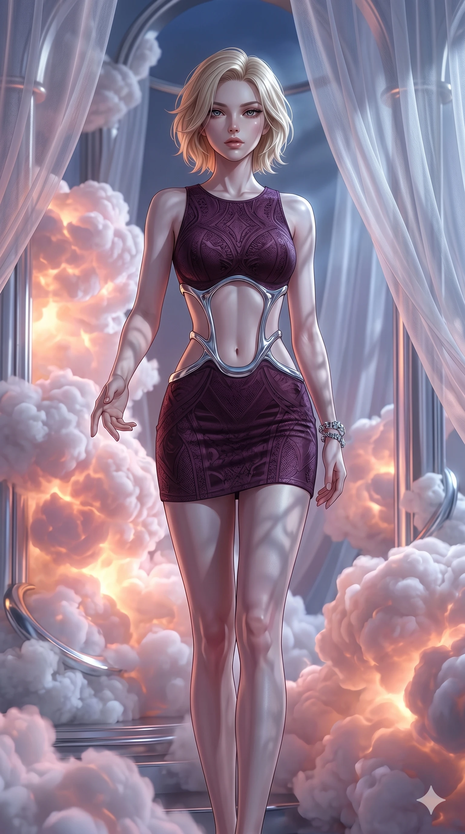 score_9, masterpiece, best quality, ultra-detailed, high-budget anime keyframe, editorial fashion photography, tasteful artistic composition, Caucasian woman, strictly human ears. cowboy shot from the thighs up, character and outfit filling the frame for maximum editorial presence. Reaching one hand toward the viewer with relaxed elegance inside a luminous cloud palace where cumulus formations glow with amber and rose from within. She has an absolutely perfect 8-heads proportion, an exceptionally tall and slender female figure with impossibly long slender legs and an ultra-slim waist. V-shaped jawline, high-bridge nose, intricate jewel-like eyes with depth, thick eyelashes, glossy lips with a natural sheen. wearing a deep plum precision bodycon mini dress with a dramatic architectural open-waist cutout framed by sculptural chrome hardware, the fitted fabric emphasizing her ultra-slim waist above and below. bathed in cold silver moonlight filtered through translucent gossamer curtains casting soft shadows on her elegant contours. 2k, ultra detail, master piece, 9:16 ratio