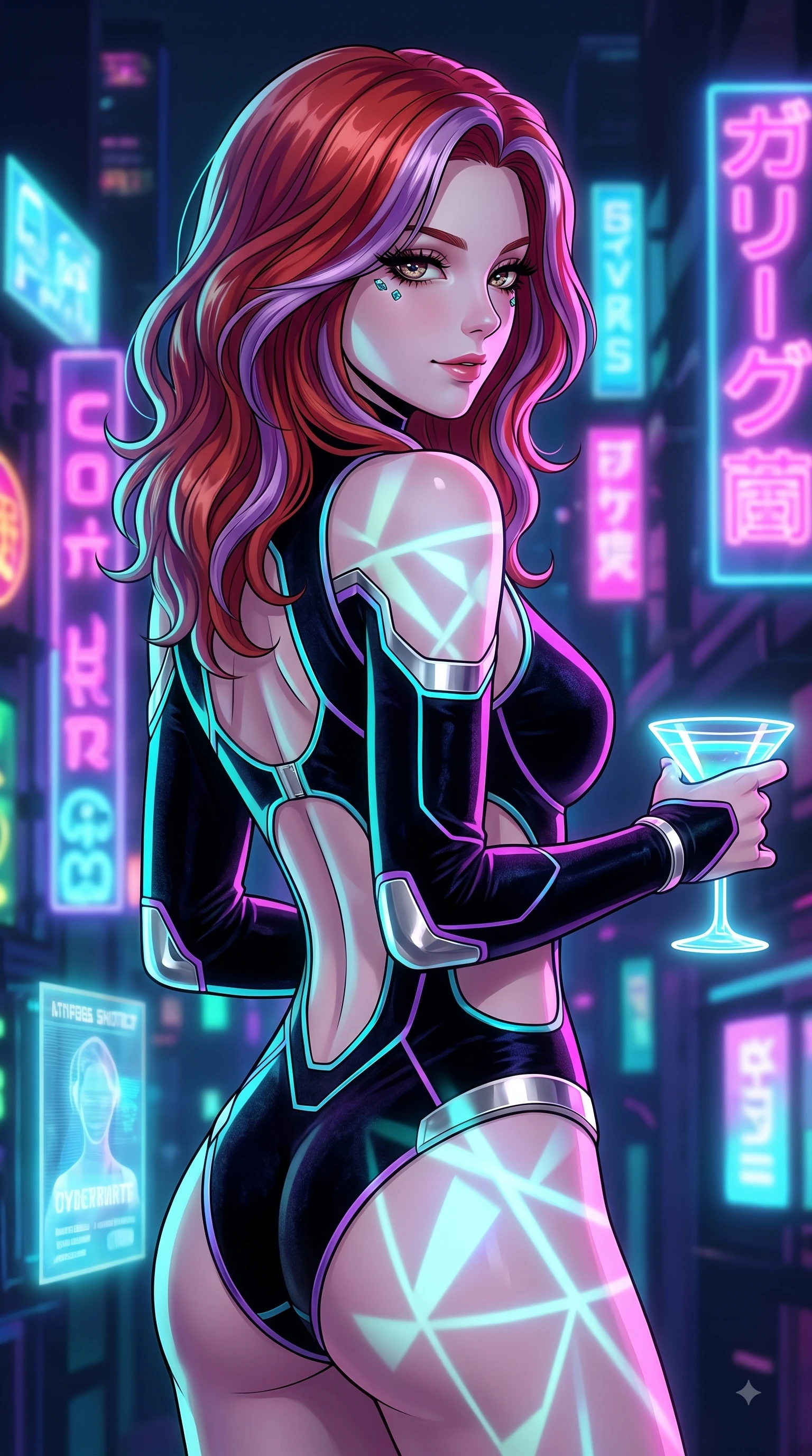 score_9, masterpiece, best quality, ultra-detailed, high-budget anime keyframe, editorial fashion photography, tasteful artistic composition, Caucasian woman. close-up cowboy shot from the waist and thighs up, the character dominates the composition, filling the frame with her large presence, background elements kept in soft focus. Casting a seductive sidelong gaze over her bare shoulder with heavy lashes and a composed half-smile while holding a glowing translucent cocktail glass under vibrant cyan and purple neon signs at night, holographic advertisements casting dynamic geometric light patterns on her form. She has an exceptionally elegant, slender, and willowy female figure with an ultra-slim waist, a gracefully sculpted slender torso, and a refined silhouette. sharp v-shaped jawline, high-bridge nose, intricate jewel-like eyes with depth, thick eyelashes, glossy lips with a natural sheen, flawlessly proportioned anatomical accuracy, natural body alignment, perfectly sculpted elegant limbs, clean dynamic posture without body distortion. wearing a skin-tight cybernetic bodysuit with glowing neon seams and side cutouts in matte black and polished silver, made of premium stretch velvet with a rich sheen, featuring clean architectural cutouts along her slender torso, the elegant draped fit framing her graceful clavicle and slender torso. surrounded by a high-energy, seductive cyberpunk nightlife ambiance. highly saturated vibrant anime colors, detailed shading with soft gradients, rich glossy textures, high-contrast stereoscopic depth, volumetric dynamic lighting, master piece, 9:16 ratio