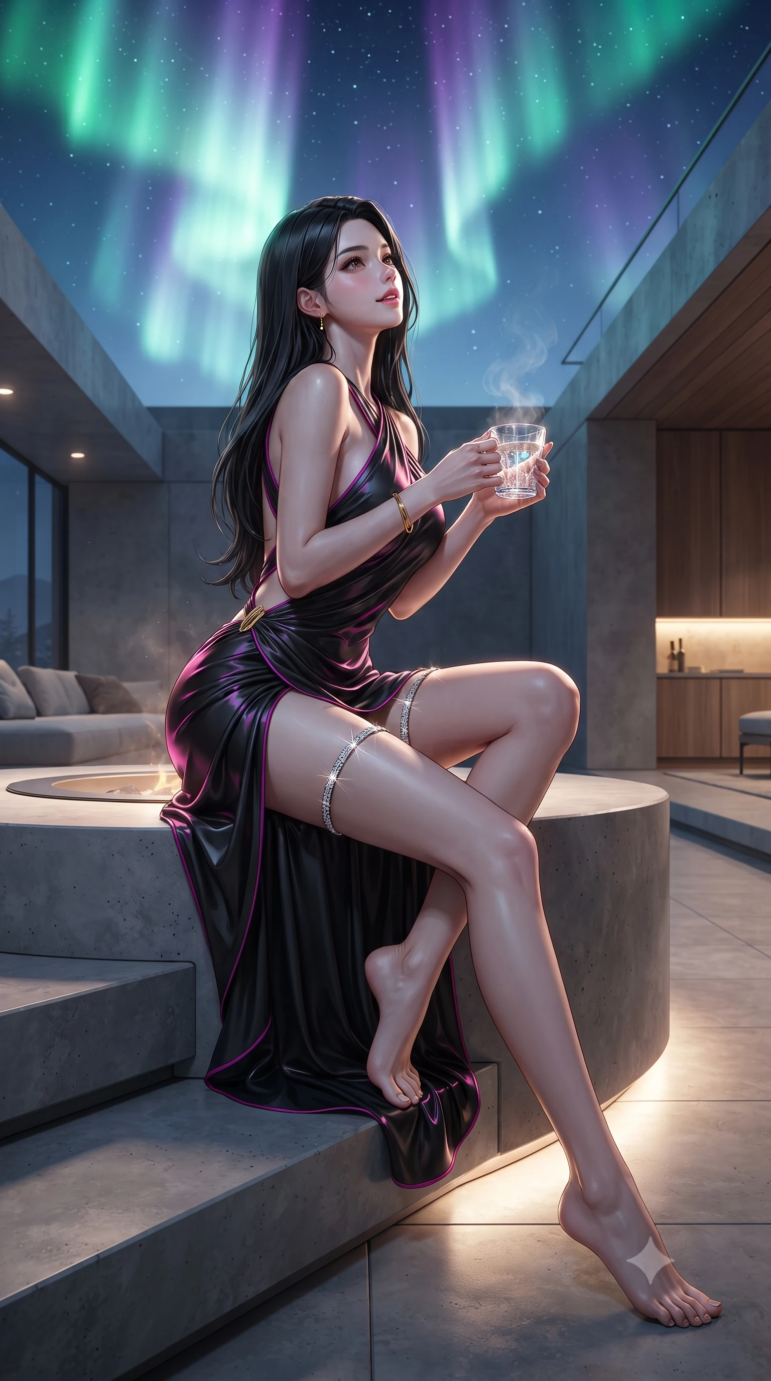 score_9, masterpiece, best quality, ultra-detailed, high-budget anime keyframe, editorial fashion photography, tasteful artistic composition, Korean woman. low angle full-body shot from head to toe showing her feet, filling the entire 9:16 vertical frame with her statuesque presence, stretching her vertical silhouette. sitting poised on the stone steps with one knee bent, arching her spine with supermodel elegance as she glances upward through thick eyelashes while sitting perched on the edge of the circular heated platform with legs crossed, holding a steaming crystal mug with an irresistible, parted-lip smile. The surrounding environment is rendered in vivid detail and crisp panoramic clarity: detailed fine-knit cashmere bodysuit cling, gold wrist bangle gleam, and contemporary Scandinavian architecture in razor-sharp precision. She has an absolutely perfect, statuesque 8.5-heads proportion, an exceptionally tall and slender model-like female figure with impossibly long slender legs, an ultra-slim waist, a flat toned midriff, narrow delicate ribcage, and beautifully sculpted feminine hips creating a graceful, slim hourglass silhouette without any bulky heaviness. sharp v-shaped jawline, high-bridge nose, sparkling eyes with hypnotic seductive depth, thick curled eyelashes, glossy parted lips with a natural dewy peach sheen, alluring bedroom-eyes with an enchanting coquettish smile, exuding magnetic siren charisma and sophisticated glamour, flawlessly proportioned anatomical accuracy, strict slender model proportions, natural body alignment, perfectly sculpted long slender limbs, ultra-slim waistline, clean dynamic posture without body distortion. wearing a draped Greek-goddess style silk chiffon mini toga dress with an open back and golden hip fibula in wet-look onyx black with electric magenta reflections, tailored from fine structural neoprene with crisp architectural edges and smooth contouring, finished with delicate crystal-encrusted thigh garter straps glinting in the dim light, the high-slit wrap tailoring accentuating her ultra-slim waistline and the enchanting curve of her feminine hips with alluring seductive charm. bathed in ethereal emerald and violet celestial light radiating downward from the aurora borealis mixed with warm 2700K floor up-lighting. ultra-reflective glossy finish, specular highlights, rich textural contrasts, high-contrast stereoscopic depth, volumetric dynamic lighting, 2k, ultra detail, master piece, 9:16 ratio