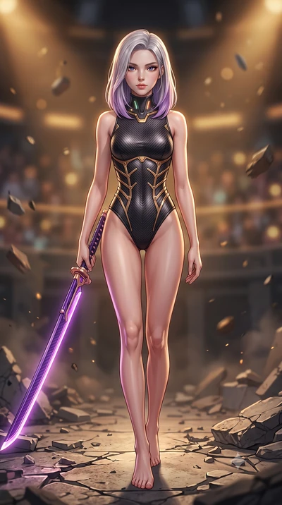 score_9, masterpiece, best quality, ultra-detailed, high-budget anime keyframe, semi-realistic 3D game render, editorial fashion photography, tasteful artistic composition, Caucasian woman. low angle full-body shot from head to toe showing her feet, 