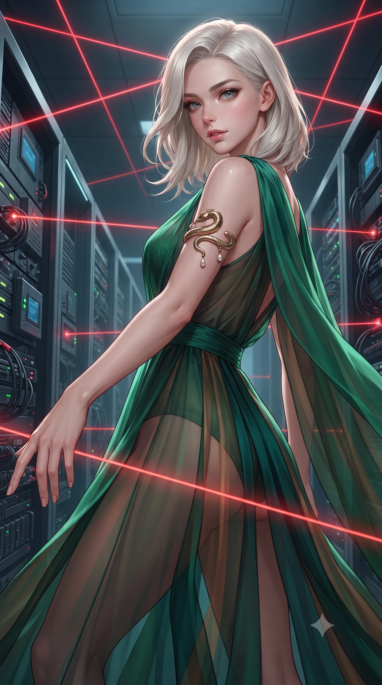 score_9, masterpiece, best quality, ultra-detailed, high-budget anime keyframe, editorial fashion photography, tasteful artistic composition, Caucasian woman. close-up cowboy shot from the waist and thighs up, the character dominates the composition, filling the frame with her large presence. extending one slender arm gracefully toward the foreground while casting an affectionate, mesmerizing glance while navigating a high-security mainframe server vault, contorting her slender athletic body in a flawless gymnastic evasion beneath glowing red laser grids. The surrounding environment is rendered in vivid detail and crisp panoramic clarity. detailed tactical bodysuit seams, electronic keycard bypass devices, and data cables in high resolution. She has an exceptionally elegant, slender, and willowy female figure with an ultra-slim waist, a gracefully sculpted slender torso, toned flat midriff, and a refined slim silhouette. sharp v-shaped jawline, high-bridge nose, intricate jewel-like eyes with depth, thick eyelashes, glossy lips with a natural sheen, captivating and magnetic expression, flawlessly proportioned anatomical accuracy, strict slender model proportions, natural body alignment, perfectly sculpted long slender limbs, ultra-slim waistline, clean dynamic posture without body distortion. wearing an ethereal emerald-green silk chiffon gown with an asymmetric shoulder drape and sheer layered skirt in deep emerald green and bronze, woven from airy multi-layered silk chiffon with a weightless drape, accented with a sculptured gold serpent armlet and pearl drops edition #28, the liquid-tight tailored fabric emphasizing every curve of her tall, slender model proportions and sculptured silhouette during dynamic movement. surrounded by a deadly, sophisticated, and irresistibly alluring secret agent femme fatale aura. ultra-reflective glossy finish, specular highlights, rich textural contrasts, high-contrast stereoscopic depth, volumetric dynamic lighting, 2k, ultra detail, master piece, 9:16 ratio