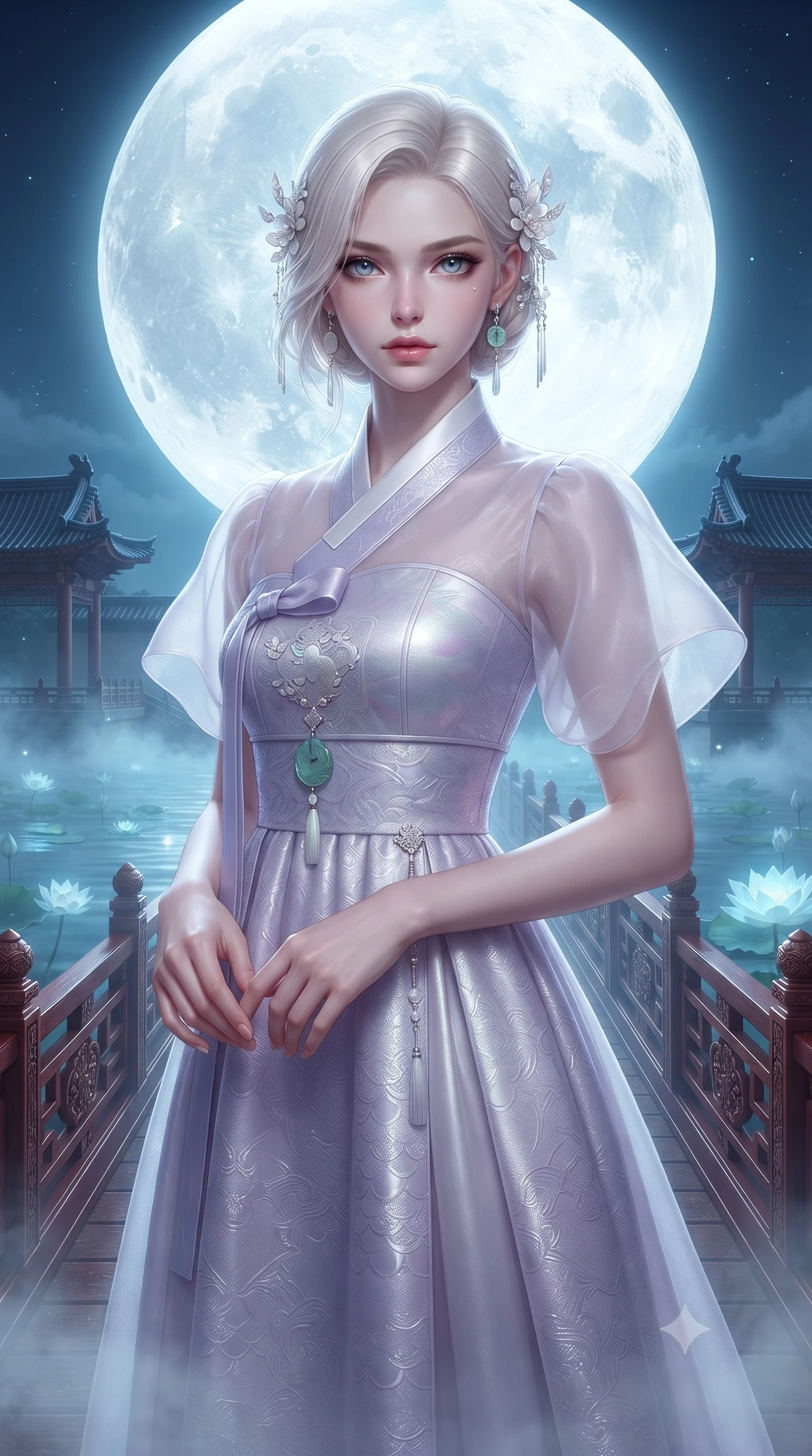 score_9, masterpiece, best quality, ultra-detailed, high-budget anime keyframe, editorial fashion photography, tasteful artistic composition, Caucasian woman. close-up cowboy shot from the waist and thighs up, the character dominates the composition, filling the frame with her large presence. holding her hands loosely in front with regal, aristocratic poise, radiating an overwhelming high-society aura while standing poised on an ornate lacquered wooden bridge over a mist-covered lotus pond beneath a colossal glowing full moon. The surrounding environment is rendered in vivid detail and crisp panoramic clarity. detailed pagoda tile ridges, moonlight reflection paths on water, and silk fabric embroidery in high resolution. She has an exceptionally elegant, slender, and willowy female figure with an ultra-slim waist, a gracefully sculpted slender torso, toned flat midriff, and a refined slim silhouette. sharp v-shaped jawline, high-bridge nose, intricate jewel-like eyes with depth, thick eyelashes, glossy lips with a natural sheen, captivating and magnetic expression, flawlessly proportioned anatomical accuracy, strict slender model proportions, natural body alignment, perfectly sculpted long slender limbs, ultra-slim waistline, clean dynamic posture without body distortion. wearing a modern fusion silk hanbok dress with sheer organza butterfly sleeves and a structured mother-of-pearl bodice in ethereal lilac mist and pearlescent white, made of rich textured jacquard silk with dragon scale weave, accented with mother-of-pearl hair ornaments and a carved jade pendant, the form-contouring material adhering flawlessly to her sculpted flat midriff and slender torso, emphasizing her long leg lines and perfectly proportioned willowy build. bathed in radiant silver-white full moon backlighting and soft cyan holographic lotus glow. ultra-reflective glossy finish, specular highlights, rich textural contrasts, high-contrast stereoscopic depth, volumetric dynamic lighting, 2k, ultra detail, master piece, 9:16 ratio