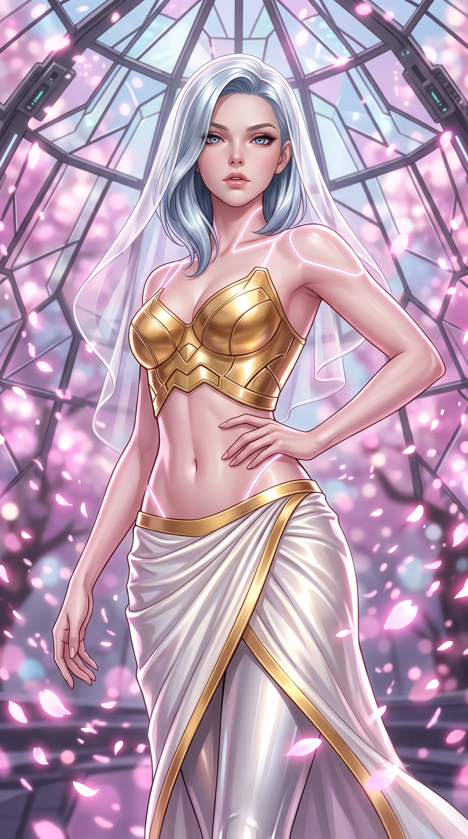 score_9, masterpiece, best quality, ultra-detailed, high-budget anime keyframe, editorial fashion photography, tasteful artistic composition, Korean woman. close-up cowboy shot from the waist and thighs up, the character dominates the composition, filling the frame with her large presence. twisting her upper body in a dynamic S-curve with commanding allure, one hand resting on her slender waist with haughty grace while striding gracefully beneath a soaring geometric cybernetic stained-glass dome as glowing pink digital sakura petals swirl around her. The composition keeps background elements in soft focus with creamy bokeh. swirling digital sakura petals and glowing stained-glass dome facets blurred into dreamy magenta and pastel pink bokeh. She has an exceptionally elegant, slender, and willowy female figure with an ultra-slim waist, a gracefully sculpted slender torso, toned flat midriff, and a refined slim silhouette. sharp v-shaped jawline, high-bridge nose, intricate jewel-like eyes with depth, thick eyelashes, glossy lips with a natural sheen, flawlessly proportioned anatomical accuracy, strict slender model proportions, natural body alignment, perfectly sculpted long slender limbs, ultra-slim waistline, clean dynamic posture without body distortion. wearing an ethereal translucent cyber-veil paired with a sculpted golden mechanical cuirass and high-fashion draped silk skirt in pristine liquid pearl white and radiant solar gold trim, crafted from ultra-reflective second-skin liquid metal with a mirror-like polish, accented with glowing fiber-optic seams tracing her collarbones and hip curves, the form-contouring material adhering flawlessly to her sculpted flat midriff and slender torso, emphasizing her long leg lines and perfectly proportioned willowy build. illuminated by crisp white key light and sharp specular highlights tracing her sculpted silhouette. ultra-reflective glossy finish, specular highlights, dark metallic sheen, high-contrast stereoscopic depth, volumetric dynamic lighting, 2k, ultra detail, master piece, 9:16 ratio