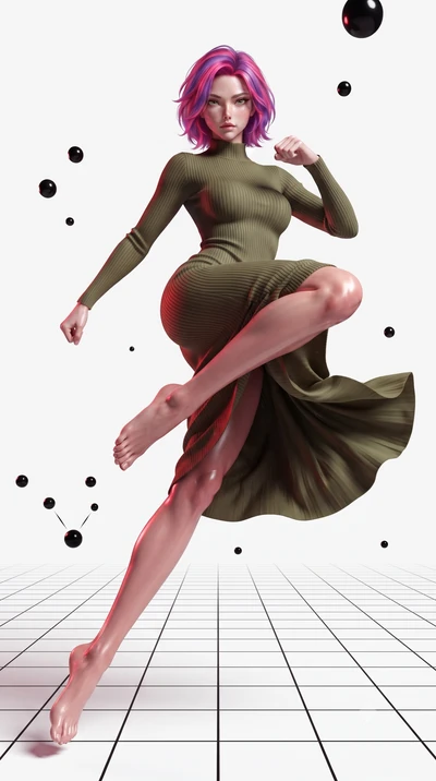 score_9, masterpiece, best quality, ultra-detailed, high-budget anime keyframe, editorial fashion photography, tasteful artistic composition, realistic cosplay photography, Caucasian woman, strictly human ears. low angle full-body shot from head to t