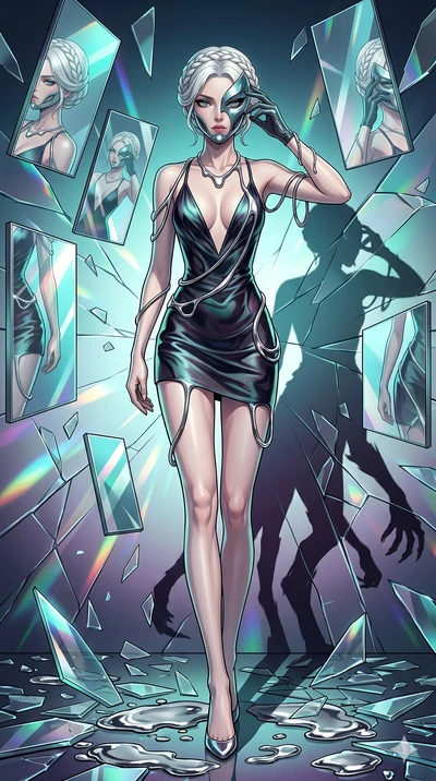 score_9, masterpiece, best quality, ultra-detailed, Set A: High-budget Anime Keyframe, Japanese woman. Low angle cowboy shot filling the entire 9:16 frame with her statuesque presence. Adjusting a mask through a dimension of floating mirrors, while h