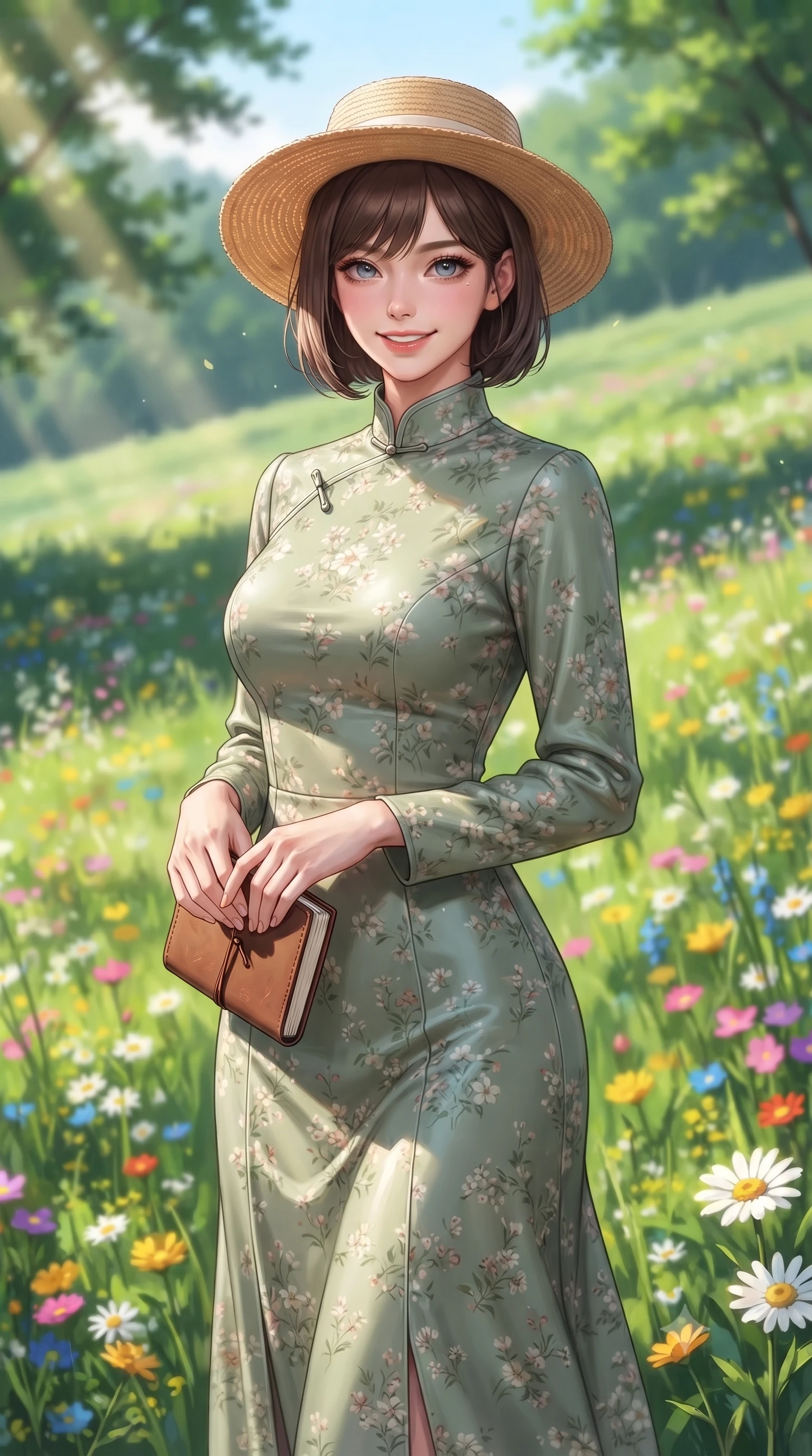 score_9, masterpiece, best quality, ultra-detailed, high-budget anime keyframe, editorial fashion photography, tasteful artistic composition, Korean woman. close-up cowboy shot from the waist and thighs up, the character dominates the composition, filling the frame with her large presence, background elements kept in soft focus. smiling with cute and bright self-assurance, looking directly at the viewer set against a soft-focus background of on a gentle green hillside covered with colorful wildflowers and daisies with a cute straw hat and a small notebook in her hand. She has an exceptionally elegant, slender, and willowy female figure with an ultra-slim waist, a gracefully sculpted slender torso, and a refined silhouette. sharp v-shaped jawline, high-bridge nose, intricate jewel-like eyes with depth, thick eyelashes, glossy lips with a natural sheen. wearing slim-fit lovely floral print midi dress in sage green, featuring a high collar and long sleeves. volumetric sunbeams slicing through tree edges onto the grassy meadow. highly saturated vibrant anime colors, detailed shading with soft gradients, rich glossy textures, high-contrast stereoscopic depth, volumetric dynamic lighting, master piece, 9:16 ratio
