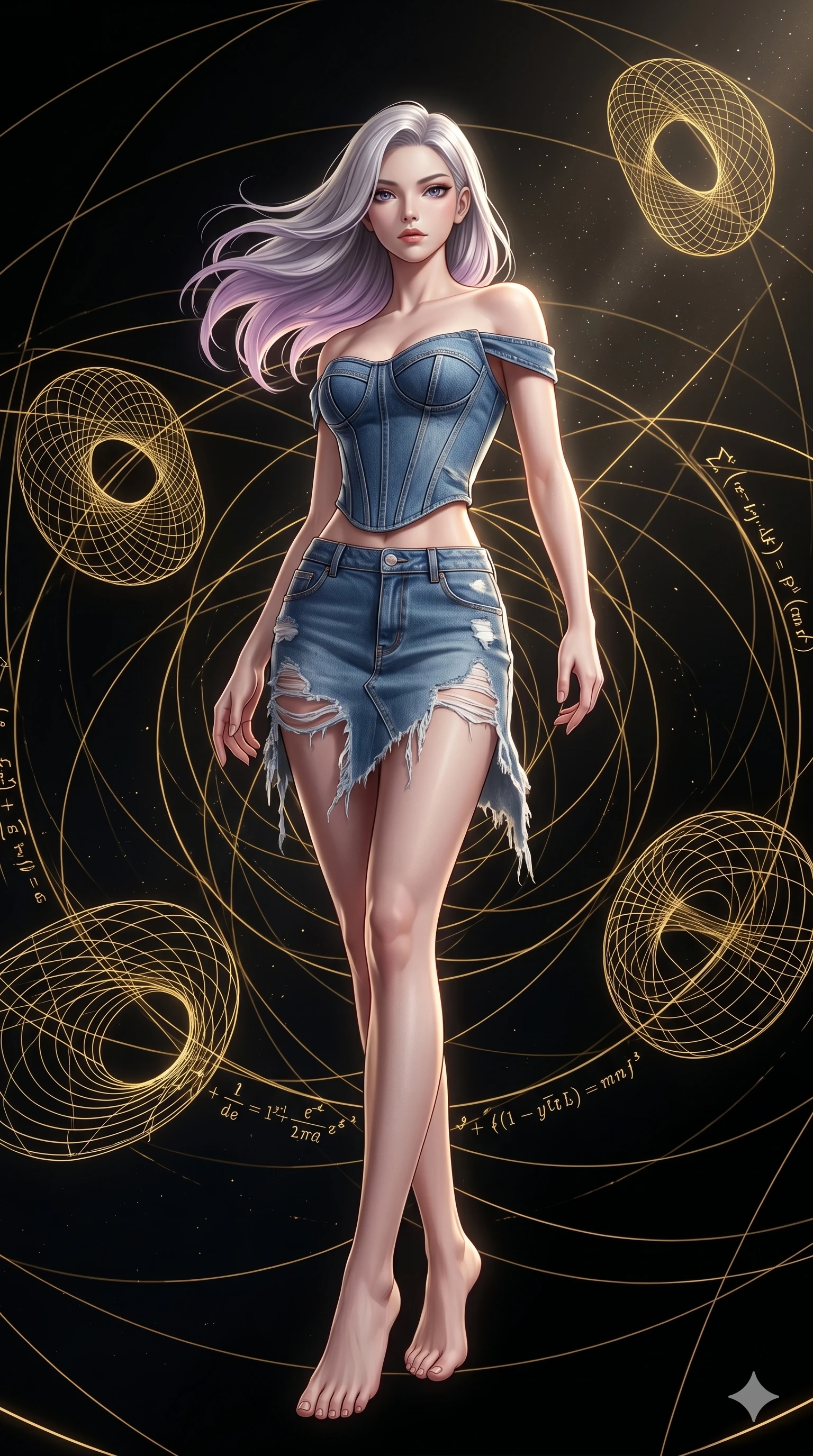 score_9, masterpiece, best quality, ultra-detailed, high-budget anime keyframe, editorial fashion photography, tasteful artistic composition, Caucasian woman, strictly human ears. low angle full-body shot from head to toe showing her feet, filling the entire 9:16 vertical frame with her statuesque presence, stretching her vertical silhouette. twisting her body around in a mathematical mandala void filled with golden geometric lines of complex formulas while floating geometrical wireframes rotate and pulse in synch. She has an absolutely perfect 8-heads proportion, an exceptionally tall and slender female figure with impossibly long slender legs and an ultra-slim waist. V-shaped jawline, high-bridge nose, intricate jewel-like eyes with depth, thick eyelashes, glossy lips with a natural sheen.. wearing a deconstructed denim corset and an asymmetric ripped denim structured mini-skirt, showcasing a rugged yet chic off-shoulder style. illuminated by dramatic chiaroscuro casting soft shadows along her curves, with vibrant backlighting highlighting the dust particles. 2k, ultra detail, master piece, 9:16 ratio
