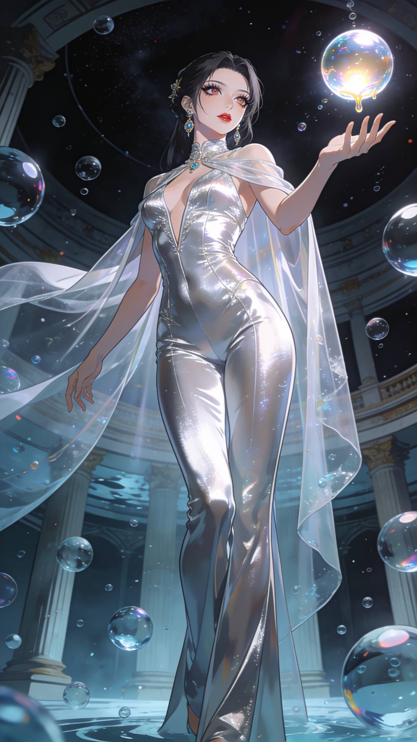 score_9, masterpiece, best quality, ultra-detailed, High-budget Anime Keyframe, East Asian woman. Low angle cowboy shot filling the entire 9:16 frame with her statuesque presence. Scenario 476: reaching out to catch a floating sphere of liquid light in a zero-gravity sanctuary filled with floating water spheres. Her presence is magnetic and overpowering in this high-budget anime scene. Outfit 476: a slim-fit liquid silver shimmering chiffon jumpsuit draped with a semi-transparent chiffon cape. The clothing is designed to emphasize her exceptionally tall and slender 8-heads proportion. 8-heads proportion, towering silhouette, ultra-slim waist. sharp v-shaped jawline, intricate jewel-like eyes with depth, thick eyelashes, glossy lips. 2k, ultra detail, master piece, 9:16 ratio