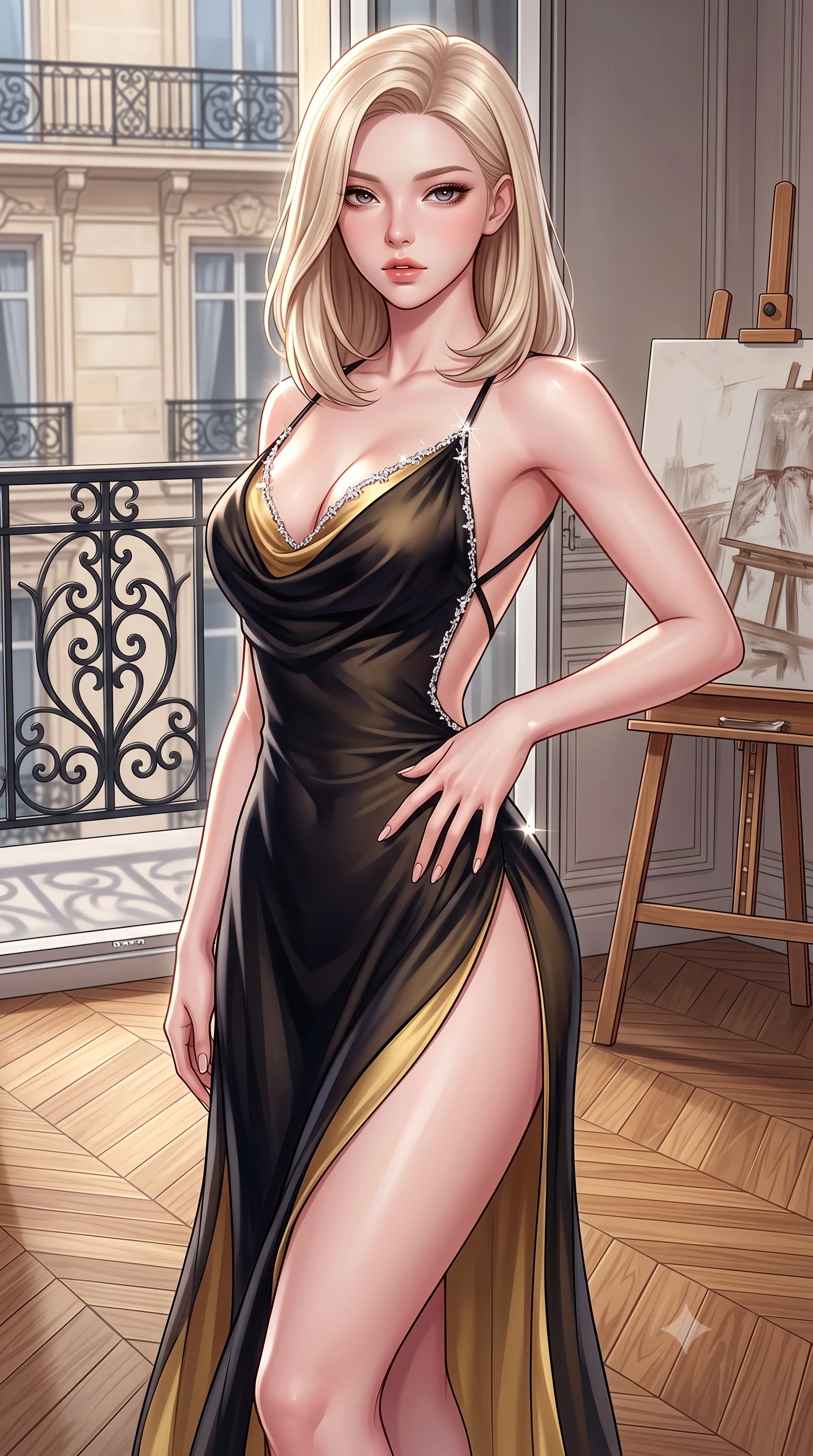score_9, masterpiece, best quality, ultra-detailed, high-budget anime keyframe, semi-realistic 3D game render, editorial fashion photography, tasteful artistic composition, Korean woman. close-up cowboy shot from the waist and thighs up, the character dominates the composition, filling the frame with her large presence. resting one manicured hand delicately on her hip bone, her upper body turning in a fluid, seductive S-curve while parted lips glisten in the light while standing poised on the polished chevron oak floor beside an artist's canvas easel, twisting her slender torso in an alluring contrapposto stance. The surrounding environment is rendered in vivid detail and crisp panoramic clarity. sharp wrought-iron railing scrollwork, herringbone parquet wood grain, and Haussmann stone facade moldings in deep focus. She has an exceptionally elegant, slender, and willowy female figure with an ultra-slim waist, flat toned midriff, narrow ribcage, and sculpted feminine hips creating an alluring, slim hourglass silhouette without bulk. sharp v-shaped jawline, high-bridge nose, intricate jewel-like eyes with depth, thick eyelashes, glossy parted lips with a natural sheen, intensely captivating and seductive bedroom-eyes expression, flawlessly proportioned anatomical accuracy, strict slender model proportions, natural body alignment, perfectly sculpted long slender limbs, ultra-slim waistline, clean dynamic posture without body distortion. wearing a backless cowl-neck satin slip dress featuring high-cut side hip slits and delicate criss-cross back straps in midnight obsidian black and liquid gold, woven from layered gossamer chiffon with a weightless sweeping drape, finished with delicate crystal frost embroidery tracing the plunging neckline, the liquid-tight tailored fabric clinging flawlessly to her narrow waist and rounded feminine hips, emphasizing every millimeter of her sculpted slim hourglass curves without any bulky heaviness. illuminated by sparkling Eiffel Tower light glints defining her razor-sharp jawline, narrow waist, and curvy hips. highly saturated vibrant anime colors, detailed shading with soft gradients, rich glossy textures, high-contrast stereoscopic depth, volumetric dynamic lighting, master piece, 9:16 ratio