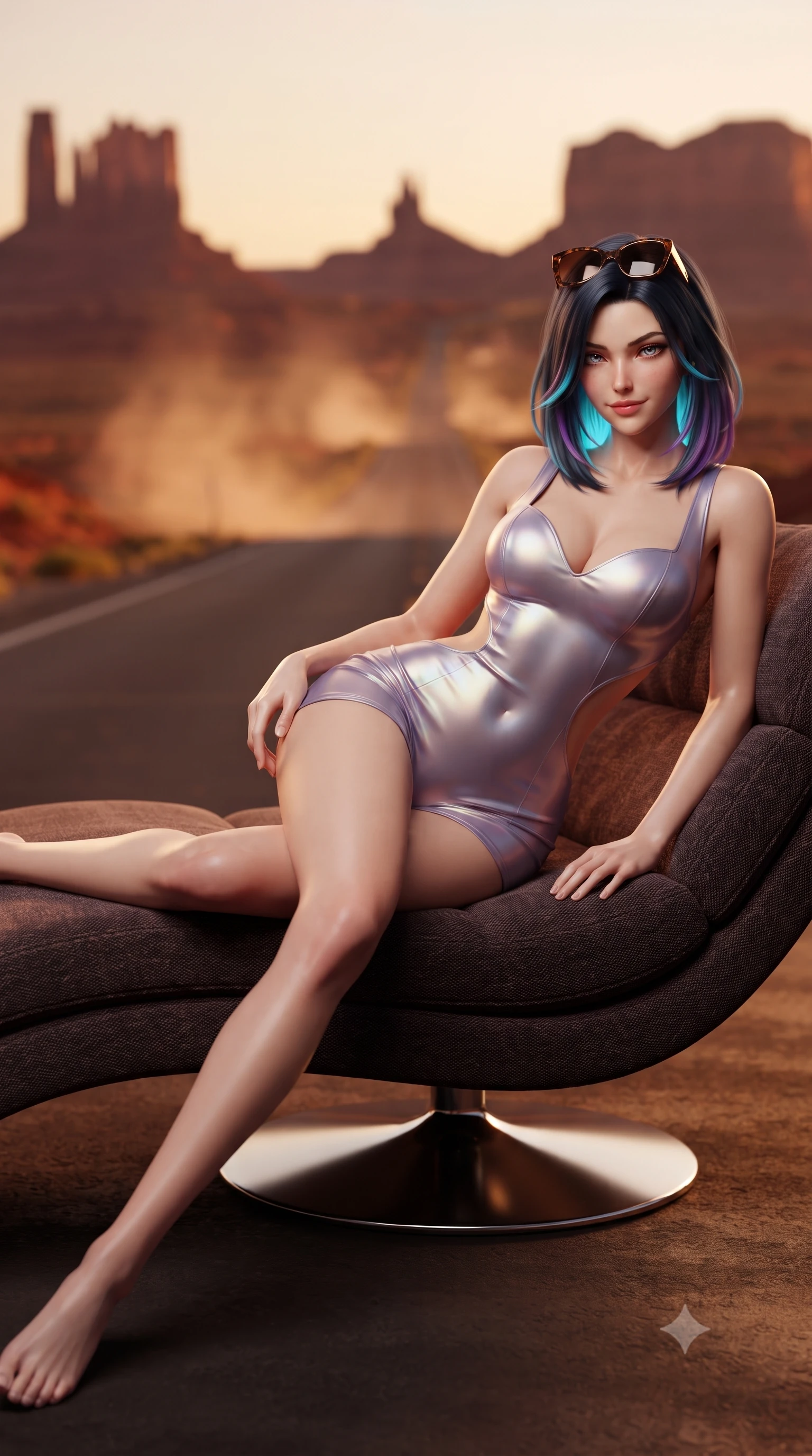 score_9, masterpiece, best quality, ultra-detailed, high-budget anime keyframe, editorial fashion photography, tasteful artistic composition, Caucasian woman. low angle full-body shot from head to toe showing her feet, filling the entire 9:16 vertical frame with her statuesque presence, stretching her vertical silhouette. reclining gracefully across the plush chaise lounge with one leg extended, her sculpted silhouette and flat midriff radiating magnetic nocturnal glamour while twisting her slender torso in an alluring S-curve, blazing desert sunset rays outlining her form-fitting outfit and curvy hips. The background shows a soft-focus colossal red sandstone buttes, endless vanishing highway tarmac, and swirling dust plumes blurred into terracotta, ochre, and golden-hour bokeh. She has an absolutely perfect, statuesque 8.5-heads proportion, an exceptionally tall and slender model-like female figure with impossibly long slender legs, an ultra-slim waist, a flat toned midriff, narrow delicate ribcage, and beautifully sculpted feminine hips creating a graceful, slim hourglass silhouette without any bulky heaviness. sharp v-shaped jawline, high-bridge nose, sparkling eyes with hypnotic seductive depth, thick curled eyelashes, glossy parted lips with a natural dewy peach sheen, alluring bedroom-eyes with an enchanting coquettish smile, exuding magnetic siren charisma and sophisticated glamour, flawlessly proportioned anatomical accuracy, strict slender model proportions, natural body alignment, perfectly sculpted long slender limbs, ultra-slim waistline, clean dynamic posture without body distortion. wearing a deep sweetheart-neckline buckskin bodycon romper with side-hip cutouts accentuating her hourglass curves in iridescent mother-of-pearl and dusk lavender, crafted from fluid liquid silk satin that clings smoothly to every curve with a dewy sheen, complemented by oversized designer tortoiseshell sunglasses resting atop her head, the precision-cut side openings and low-back scoop framing her graceful spine and the sensual sweep of her slim, toned hips. illuminated by chrome specular glints and sharp golden-amber rim lights sculpting her razor-sharp jawline, narrow waist, and curvy hips. ultra-reflective glossy finish, specular highlights, rich textural contrasts, high-contrast stereoscopic depth, volumetric dynamic lighting, 2k, ultra detail, master piece, 9:16 ratio