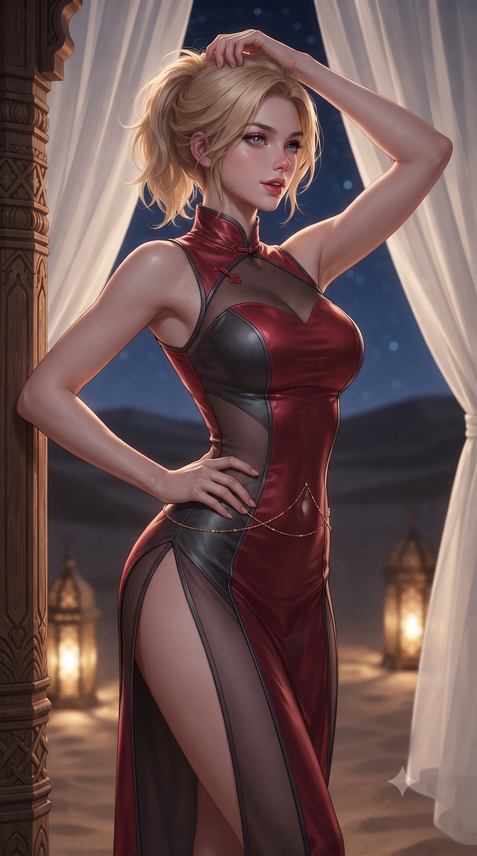 score_9, masterpiece, best quality, ultra-detailed, high-budget anime keyframe, editorial fashion photography, tasteful artistic composition, Caucasian woman. close-up cowboy shot from the waist and thighs up, the character dominates the composition, filling the frame with her large presence. twisting her slender torso in an alluring contrapposto stance, one hand resting on her sculpted hip while her fingers toy with her hair with effortless poise while leaning against the carved teak cabana pillar with hips cocked back, looking through billowing linen curtains into the desert night with smoldering eyes. The background shows a soft-focus flowing sheer white linen curtains billowing in desert breeze, glowing pierced brass floor lanterns, and endless desert stars blurred into ivory, amber, and midnight-blue bokeh. She has an exceptionally elegant, slender, and willowy female figure with an ultra-slim waist, flat toned midriff, narrow ribcage, and sculpted feminine hips creating an alluring, slim hourglass silhouette without bulk. sharp v-shaped jawline, high-bridge nose, sparkling eyes with hypnotic seductive depth, thick curled eyelashes, glossy parted lips with a natural dewy peach sheen, alluring bedroom-eyes with an enchanting coquettish smile, exuding magnetic siren charisma and sophisticated glamour, flawlessly proportioned anatomical accuracy, strict slender model proportions, natural body alignment, perfectly sculpted long slender limbs, ultra-slim waistline, clean dynamic posture without body distortion. wearing a modern cheongsam-inspired sheer mesh dress with high mandarin collar and daring hip-high double side slits in rich cherry lacquer and smoky charcoal, woven from buttery-soft stretch lambskin leather adhering to her body like a second skin, accented with a dainty gold belly chain resting across her flat midriff and curving hips, the liquid-tight tailored fabric clinging flawlessly to her narrow waist and rounded feminine hips, emphasizing every millimeter of her sculpted slim hourglass curves without any bulky heaviness. illuminated by lantern light scatter and sharp starry-platinum rim lights defining her delicate clavicles, ultra-slim waist, and curvy hips. ultra-reflective glossy finish, specular highlights, rich textural contrasts, high-contrast stereoscopic depth, volumetric dynamic lighting, 2k, ultra detail, master piece, 9:16 ratio