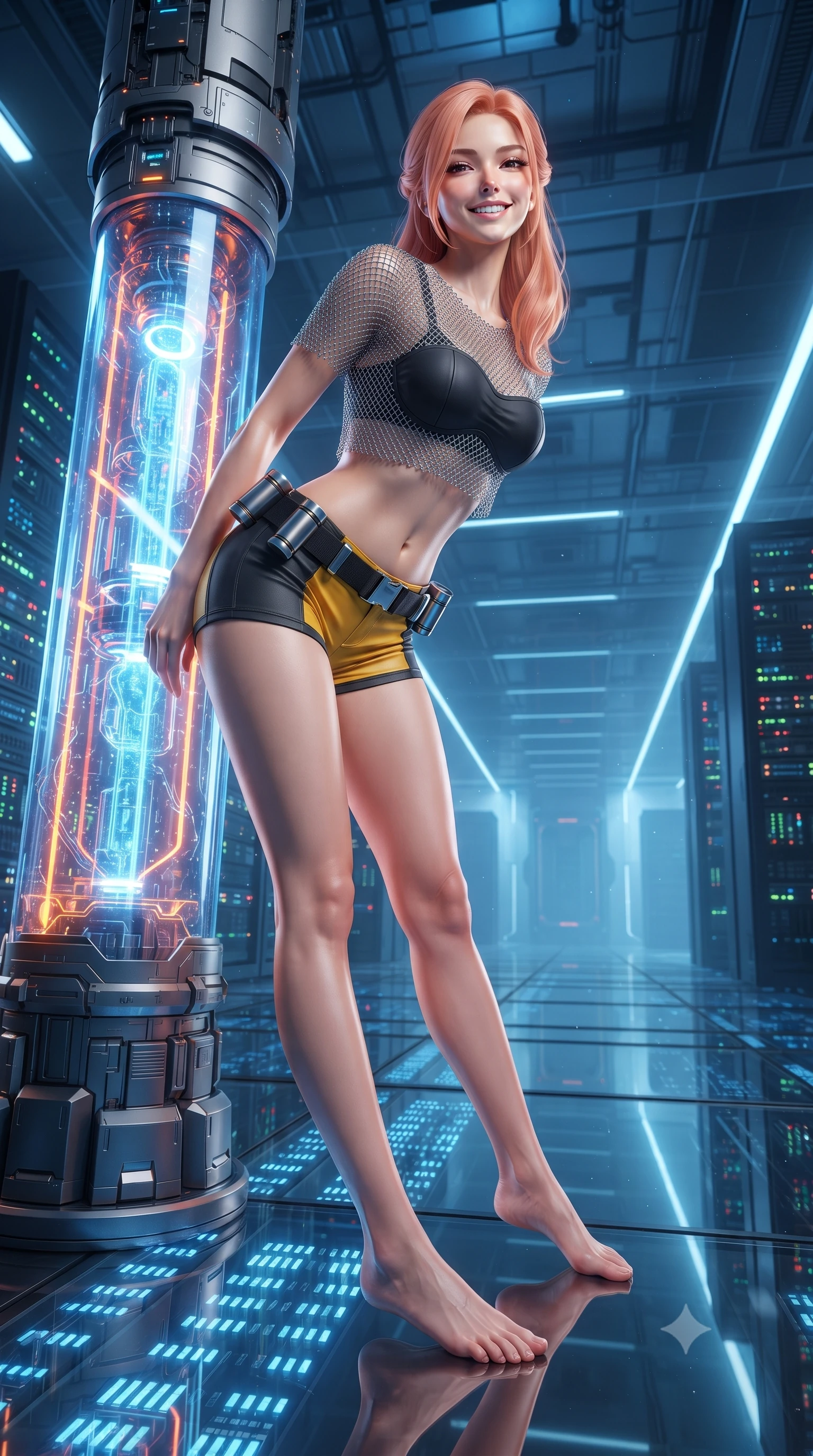 score_9, masterpiece, best quality, ultra-detailed, high-budget anime keyframe, editorial fashion photography, tasteful artistic composition, Japanese woman. low angle full-body shot from head to toe showing her feet, filling the entire 9:16 vertical frame with her statuesque presence, stretching her vertical silhouette. leaning deep against the glowing energy conduit with hips cocked back in an unapologetically alluring high-fashion stance, flashing a warm beaming smile while standing poised in the center of the reflective vault floor, her tight combat suit and statuesque presence commanding the futuristic tech cathedral. The surrounding environment is rendered in vivid detail and crisp panoramic clarity: sharp server rack status LEDs, polished mirrored floor reflections, and laser beam dust-scatter clarity in deep focus. She has an absolutely perfect, statuesque 8.5-heads proportion, an exceptionally tall and slender model-like female figure with impossibly long slender legs, an ultra-slim waist, a flat toned midriff, narrow delicate ribcage, and beautifully sculpted feminine hips creating a graceful, slim hourglass silhouette without any bulky heaviness. sharp v-shaped jawline, high-bridge nose, intricate jewel-like sparkling eyes with depth, thick eyelashes, glossy parted lips with a natural sheen, bright confident smile with an enchanting and coquettish sensual glint, exuding both youthful magnetic charm and sovereign high-tech allure, flawlessly proportioned anatomical accuracy, strict slender model proportions, natural body alignment, perfectly sculpted long slender limbs, ultra-slim waistline, clean dynamic posture without body distortion. wearing a delicate silver chainmail mesh crop top layered over a sculpted matte black bandeau with low-rise combat shorts in industrial hazard yellow and matte carbon black, made of supple second-skin compression stretch jersey clinging flawlessly to her form, accented with a sleek utility belt with polished magnetic canisters resting loosely on her curvy hips, the form-contouring cut accentuating her sculpted flat midriff, narrow delicate ribcage, and gracefully curvy hips with cybernetic supermodel precision. illuminated by under-floor blue grid lights and sharp ultraviolet rim lighting defining her razor-sharp jawline, narrow waist, and curvy hips. ultra-reflective glossy finish, specular highlights, rich textural contrasts, high-contrast stereoscopic depth, volumetric dynamic lighting, 2k, ultra detail, master piece, 9:16 ratio