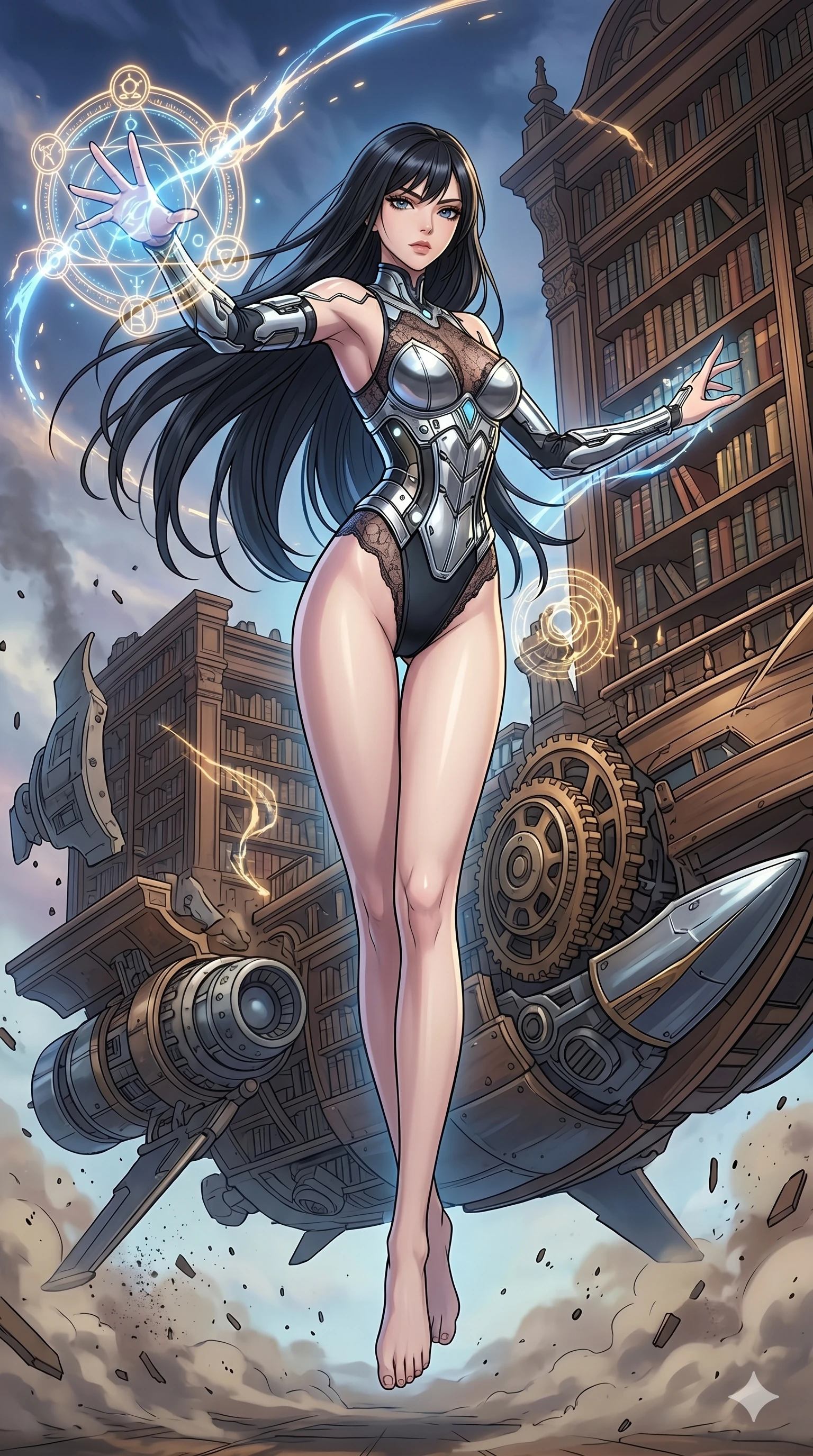 score_9, masterpiece, best quality, ultra-detailed, high-budget anime movie keyframe, cinematic anime lighting, intricate line art, Japanese anime girl. Low angle cowboy shot capturing a powerful motion and statuesque presence. casting a spell that turns a library into a flying ship. She has an absolutely perfect 8-heads proportion, an exceptionally tall and slender female figure with an ultra-slim waist and impossibly long slender legs. strictly human anatomy, two legs only, no extra limbs, clearly defined legs and arms, perfect anatomy, perfect hands and fingers. sharp v-shaped jawline, high-bridge nose, intricate jewel-like eyes, thick eyelashes, glossy lips. Wearing Cyber-Tech Legacy: Asymmetrical high-cut tech-bodysuit with detached sleeves and chrome-plated corset over sheer lace. The scene is illuminated by dramatic atmospheric lighting and vibrant color palettes. , 2k, ultra detail, master piece, 9:16 ratio