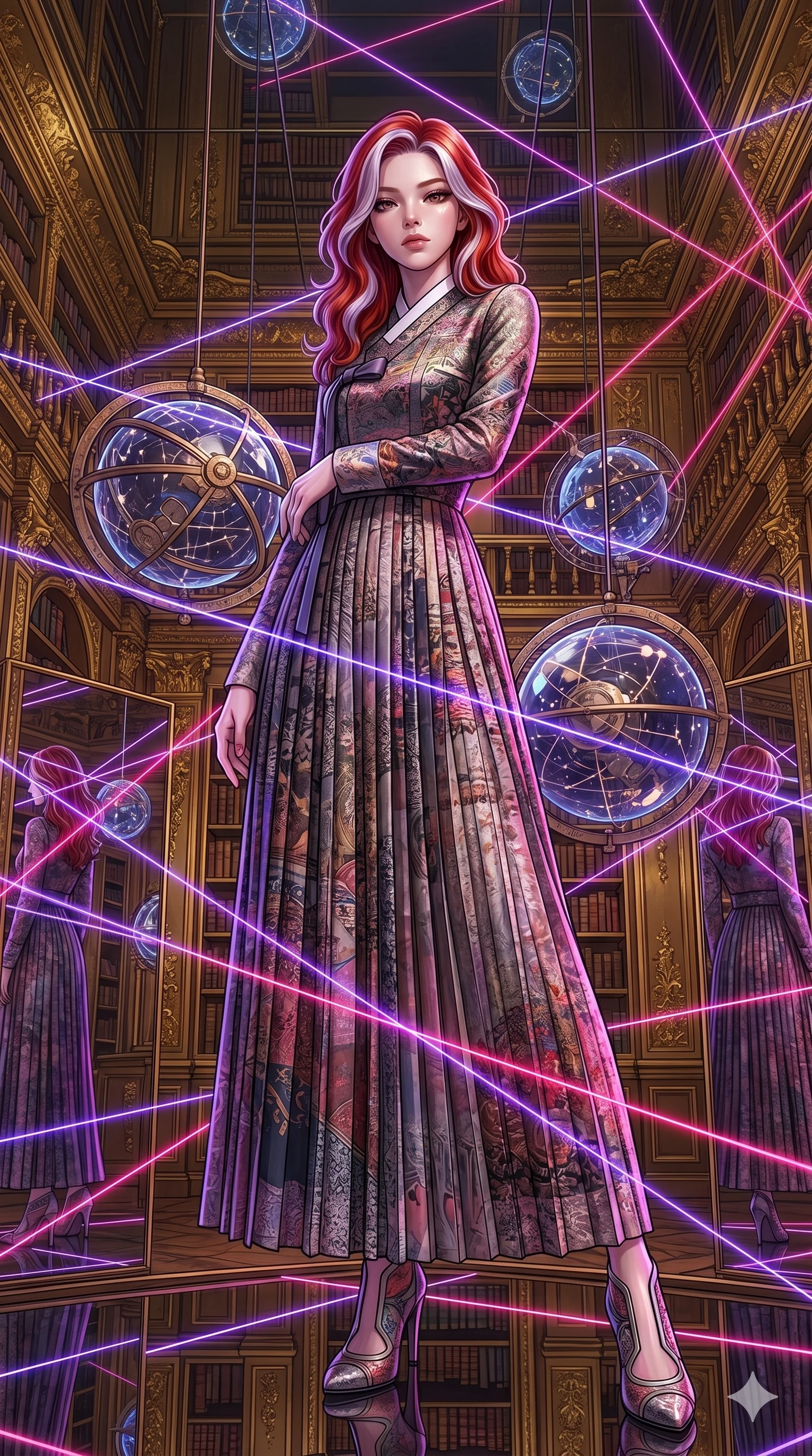 score_9, masterpiece, best quality, ultra-detailed, high-budget anime keyframe, editorial fashion photography, tasteful artistic composition, Caucasian woman, strictly human ears. low angle full-body shot from head to toe showing her feet, filling the entire 9:16 vertical frame with her statuesque presence, stretching her vertical silhouette. casting a slow, direct gaze beneath heavy lashes with quiet intensity inside an antique gold-leaf library where mechanical constellation globes rotate (Code-P18-003). She has an absolutely perfect 8-heads proportion, an exceptionally tall and slender female figure with impossibly long slender legs and an ultra-slim waist. V-shaped jawline, high-bridge nose, intricate jewel-like eyes with depth, thick eyelashes, glossy lips with a natural sheen. wearing a modern high-neck fusion hanbok dress with a long pleated skirt. surrounded by laser lines of violet and hot pink reflecting off the mirror walls, casting geometric neon highlights. 2k, ultra detail, master piece, 9:16 ratio