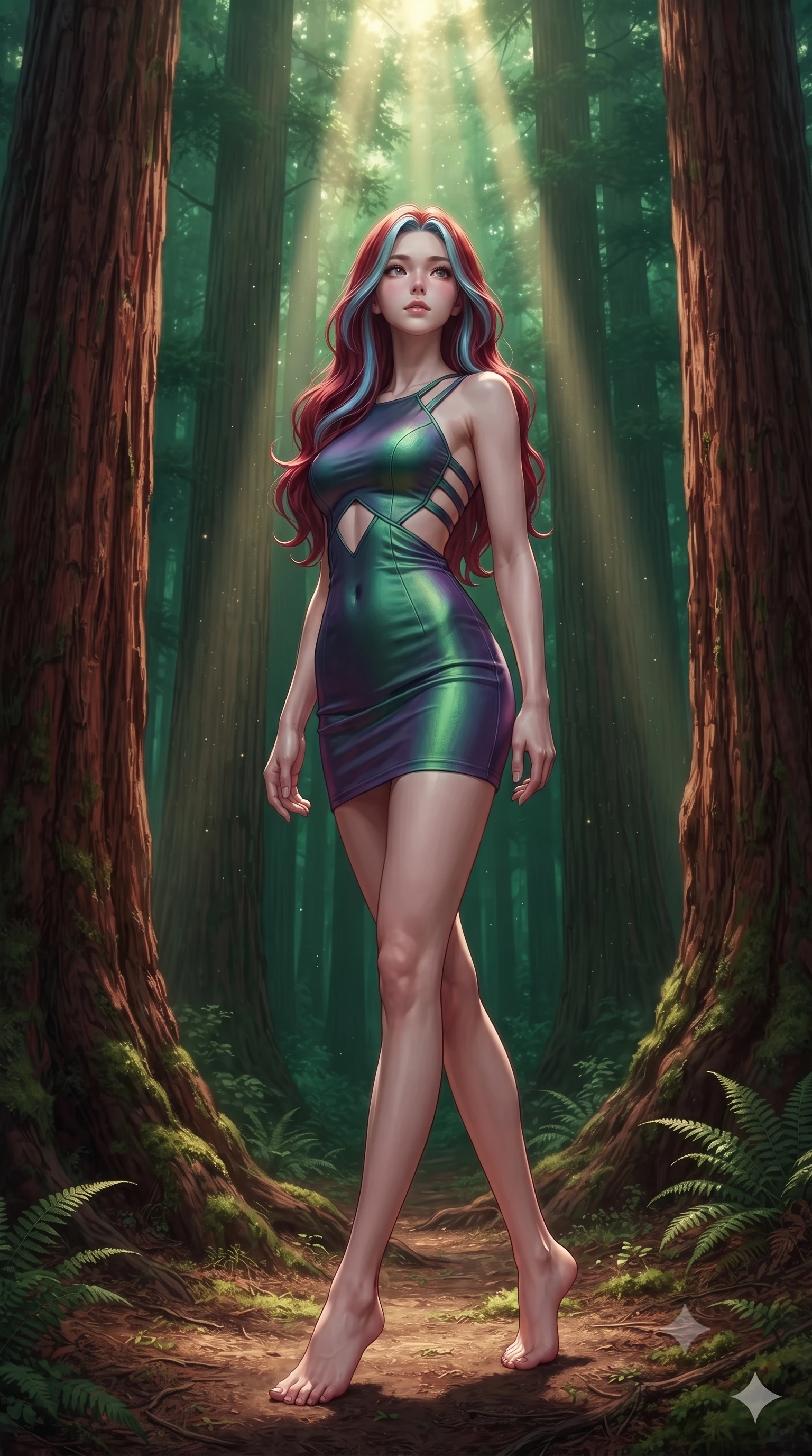 score_9, masterpiece, best quality, ultra-detailed, high-budget anime keyframe, editorial fashion photography, tasteful artistic composition, Caucasian woman, strictly human ears. low angle full-body shot from head to toe showing her feet, filling the entire 9:16 vertical frame with her statuesque presence, stretching her vertical silhouette. threading her way through standing among the largest trees on earth in a grove of ancient giant sequoias with massive rust-red trunks and shafts of golden light piercing the canopy hundreds of meters above like divine spotlights through green cathedral arches. She has a statuesque 8.5-heads proportion, an exceptionally tall, slender and willowy model-like build with impossibly long legs and a highly sculpted ultra-slim waist. sharp v-shaped jawline, high-bridge nose, intricate jewel-like eyes with depth, thick eyelashes, glossy lips with a natural sheen. wearing a bodycon mini dress in an iridescent forest green and violet gradient, with a waist cutout and a strappy back. dramatic god-ray shafts of golden light piercing through the high canopy creating focused spotlights in the green-filtered forest interior with deep shadow surrounding each beam. 2k, ultra detail, master piece, 9:16 ratio