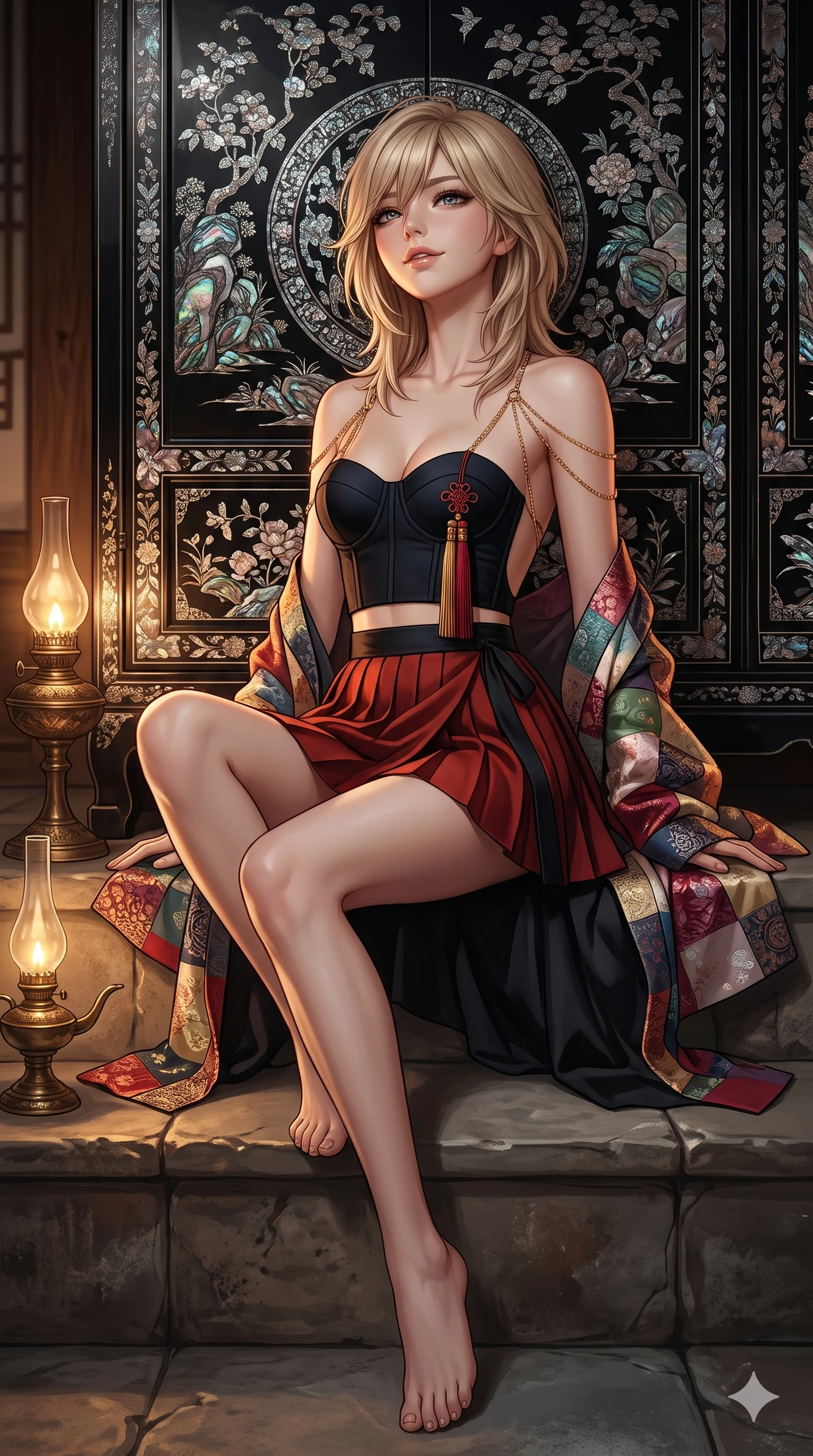 score_9, masterpiece, best quality, ultra-detailed, high-budget anime keyframe, editorial fashion photography, tasteful artistic composition, Japanese woman. low angle full-body shot from head to toe showing her feet, filling the entire 9:16 vertical frame with her statuesque presence, stretching her vertical silhouette. sitting poised on the stone steps with one knee bent, arching her spine with supermodel elegance as she glances upward through thick eyelashes while lounging against an opulent mother-of-pearl black lacquer screen, arching her lower back with magnetic femme fatale elegance. The surrounding environment is rendered in vivid detail and crisp panoramic clarity: sharp iridescent abalone shell inlay edges, deep mirror-like black lacquer gloss, and bronze oil lamp patina in deep focus. She has an absolutely perfect, statuesque 8.5-heads proportion, an exceptionally tall and slender model-like female figure with impossibly long slender legs, an ultra-slim waist, a flat toned midriff, narrow delicate ribcage, and beautifully sculpted feminine hips creating a graceful, slim hourglass silhouette without any bulky heaviness. sharp v-shaped jawline, high-bridge nose, sparkling eyes with hypnotic seductive depth, thick curled eyelashes, glossy parted lips with a natural dewy peach sheen, alluring bedroom-eyes with an enchanting coquettish smile, exuding magnetic siren charisma and sophisticated glamour, flawlessly proportioned anatomical accuracy, strict slender model proportions, natural body alignment, perfectly sculpted long slender limbs, ultra-slim waistline, clean dynamic posture without body distortion. wearing a modern boned hanbok bustier top with norigae tassel paired with an ultra-short micro-pleated silk wrap mini skirt in midnight obsidian black and rich cinnabar red, tailored from heavy double-faced silk faille with an exceptionally fluid drape, accented with a gold body chain harness subtly framing her dewy collarbones and spine, the precision-cut side openings and low-back scoop framing her graceful spine and the sensual sweep of her slim, toned hips. bathed in soft moody amber chiaroscuro lighting spilling from ornate bronze oil lamps. ultra-reflective glossy finish, specular highlights, rich textural contrasts, high-contrast stereoscopic depth, volumetric dynamic lighting, 2k, ultra detail, master piece, 9:16 ratio