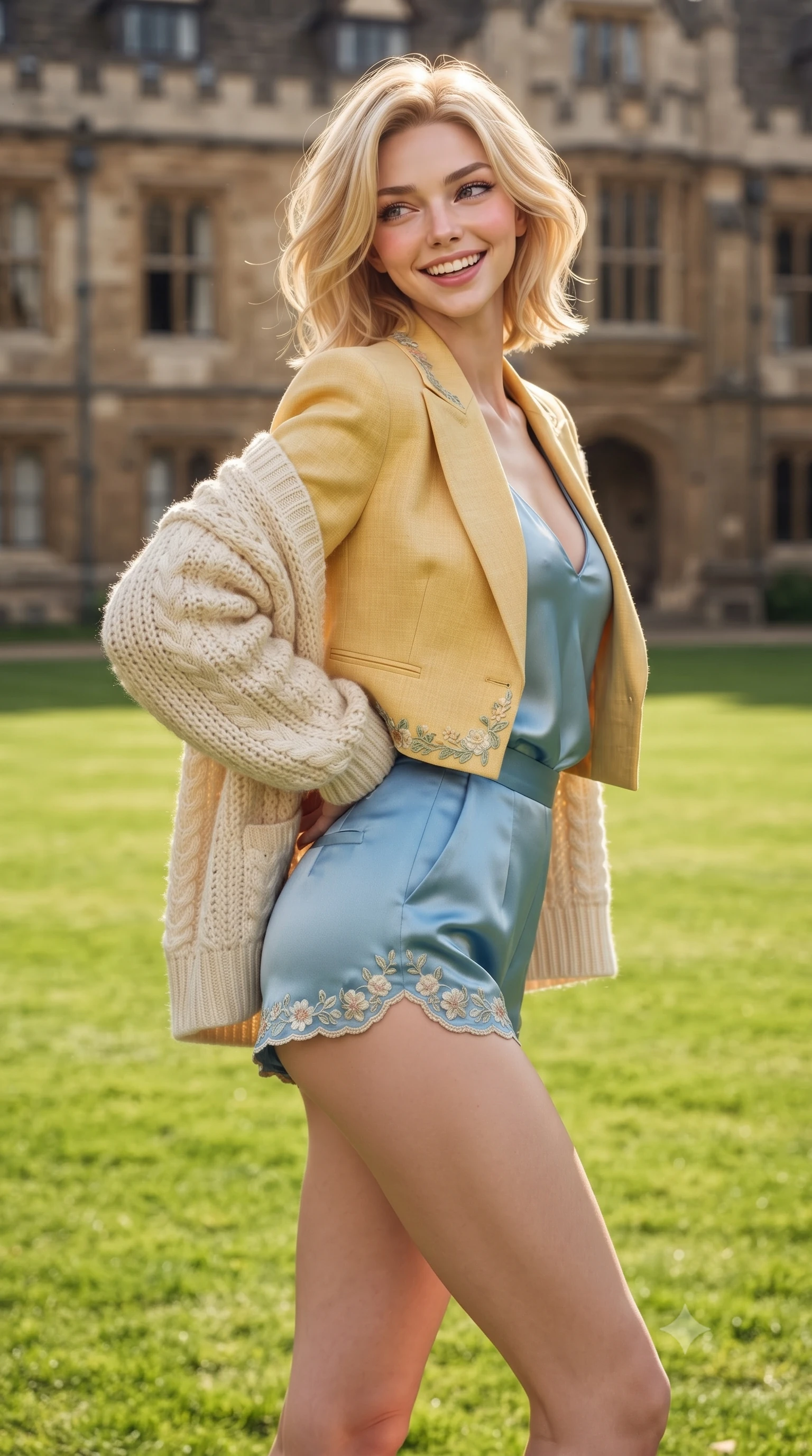 score_9, masterpiece, best quality, ultra-detailed, high-budget anime keyframe, editorial fashion photography, tasteful artistic composition, Caucasian woman. close-up cowboy shot from the waist and thighs up, the character dominates the composition, filling the frame with her large presence. posing in an alluring rear three-quarter angle, turning over a bare shoulder with an intoxicating cute smile, her hips cocked back to highlight her slim hourglass curve while walking across the vibrant green collegiate lawn, twisting her slender torso in an alluring contrapposto stance with a joyful, beaming expression. The surrounding environment is rendered in vivid detail and crisp panoramic clarity. detailed knit cardigan texture, sunburst highlights on hair, and historical campus facade clarity in high resolution. She has an exceptionally elegant, slender, and willowy female figure with an ultra-slim waist, flat toned midriff, narrow ribcage, and sculpted feminine hips creating an alluring, slim hourglass silhouette without bulk. sharp v-shaped jawline, high-bridge nose, intricate jewel-like sparkling eyes with depth, thick eyelashes, glossy parted lips with a natural peach sheen, bright cheerful beaming smile with an enchanting and coquettish sensual glint, exuding both youthful cute charm and seductive allure, flawlessly proportioned anatomical accuracy, strict slender model proportions, natural body alignment, perfectly sculpted long slender limbs, ultra-slim waistline, clean dynamic posture without body distortion. wearing a chic cropped linen blazer worn with a plunging-V camisole and high-waisted tailored hot-pants showcasing her long slender legs in sunny daffodil yellow and clear sky blue, made of smooth fluid silk satin with a delicate pearlescent sheen, complemented by delicate embroidered floral trim along the hem, the high-waisted tailoring accentuating her ultra-slim waistline and the enchanting curve of her feminine hips with alluring charm. illuminated by warm campus grass bounce fill accentuating her sculpted collarbones, ultra-slim waist, and curvy hips. ultra-reflective glossy finish, specular highlights, rich textural contrasts, high-contrast stereoscopic depth, volumetric dynamic lighting, 2k, ultra detail, master piece, 9:16 ratio