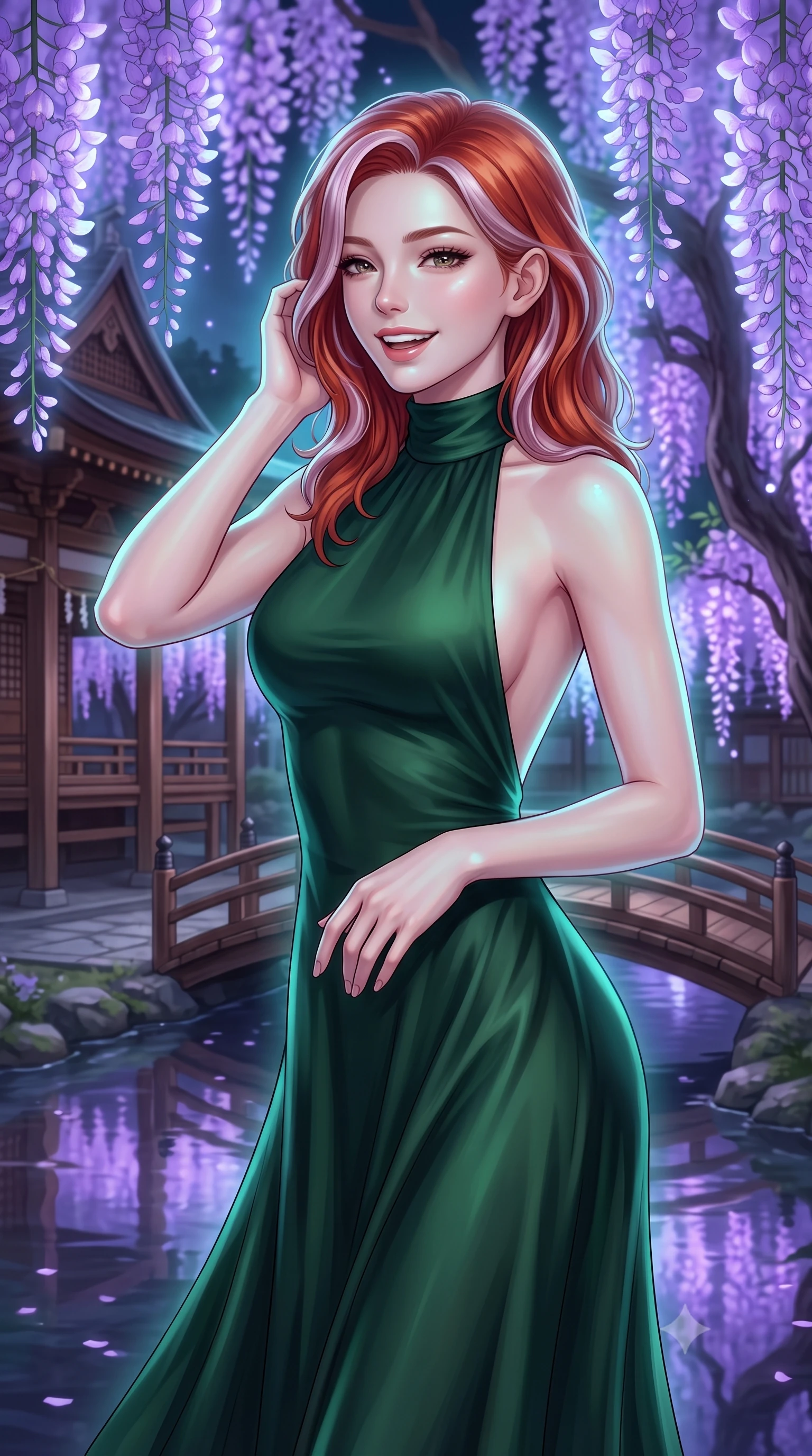 score_9, masterpiece, best quality, ultra-detailed, high-budget anime keyframe, editorial fashion photography, tasteful artistic composition, Caucasian woman, strictly human ears. close-up cowboy shot from the waist and thighs up, the character dominates the composition, filling the frame with her large presence, background elements kept in soft focus. Laughing softly while brushing a strand of hair behind her ear. set against a soft-focus background of in a traditional wooden shrine courtyard surrounded by giant wisteria trees with glowing purple flowers hanging over a calm, reflecting river. She has an exceptionally elegant, slender, and willowy female figure with a highly-defined ultra-slim waist, a gracefully sculpted slender torso, and a refined slim-fit silhouette that contours her form. sharp v-shaped jawline, high-bridge nose, intricate jewel-like eyes with depth, thick eyelashes, glossy lips with a natural sheen. wearing a backless halter-neck silk dress in deep forest green, flowing elegantly along her slender figure. soft aqua bioluminescent light making her skin luminously glow against darkness. 2k, ultra detail, master piece, 9:16 ratio