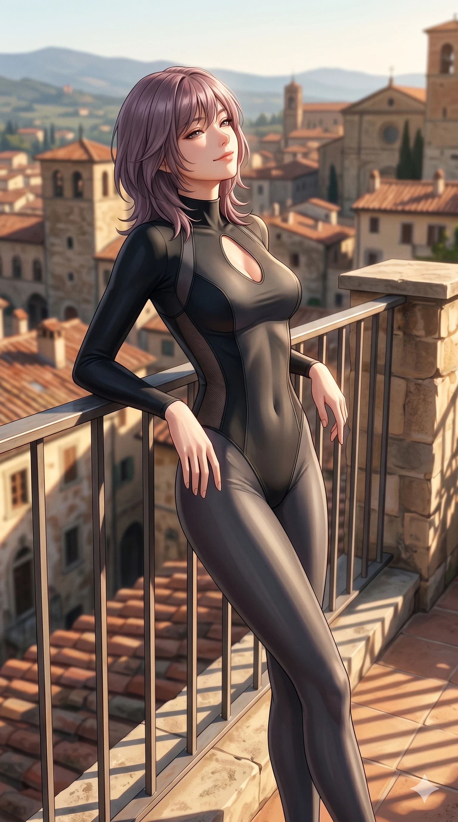 score_9, masterpiece, best quality, ultra-detailed, high-budget anime keyframe, editorial fashion photography, tasteful artistic composition, Japanese woman. cowboy shot from the thighs up, character and outfit filling the frame for maximum editorial presence. leaning back gracefully with a serene, relaxed smile, letting the warm sun wash over her face leaning against the railing of a sunlit private rooftop terrace overlooking a historic European town (Code-P060). She has an absolutely perfect 8-heads proportion, an exceptionally tall and slender female figure with impossibly long slender legs and an ultra-slim waist. V-shaped jawline, high-bridge nose, intricate jewel-like eyes with depth, thick eyelashes, glossy lips with a natural sheen. wearing a sleek, glove-like bodysuit with elegant keyhole cutout and side mesh panels. bathed in warm afternoon sunbeams casting long, soft shadows and highlighting her slender waist. 2k, ultra detail, master piece, 9:16 ratio
