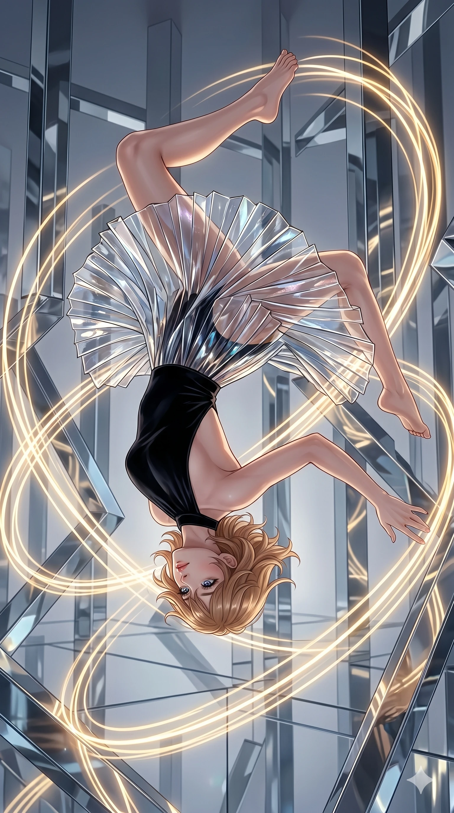 score_9, masterpiece, best quality, ultra-detailed, high-budget anime keyframe, editorial fashion photography, tasteful artistic composition, Korean woman. upper body close-up from the thighs up, character filling the screen for maximum presence. performing an aerial flip over in a kinetic light-sculpture mirror maze with floating chromium mirror pillars as trails of golden light follow her dynamic movement. She has an absolutely perfect 8-heads proportion, an exceptionally tall and slender female figure with impossibly long slender legs and an ultra-slim waist. V-shaped jawline, high-bridge nose, intricate jewel-like eyes with depth, thick eyelashes, glossy lips with a natural sheen.. wearing a fractal glass pleated skirt and a open-back black velvet halter neck top, creating a dramatic and elegant silhouette. lit by a soft glowing ambient light and a sharp side key light that traces the sleek contours of her athletic build. 2k, ultra detail, master piece, 9:16 ratio