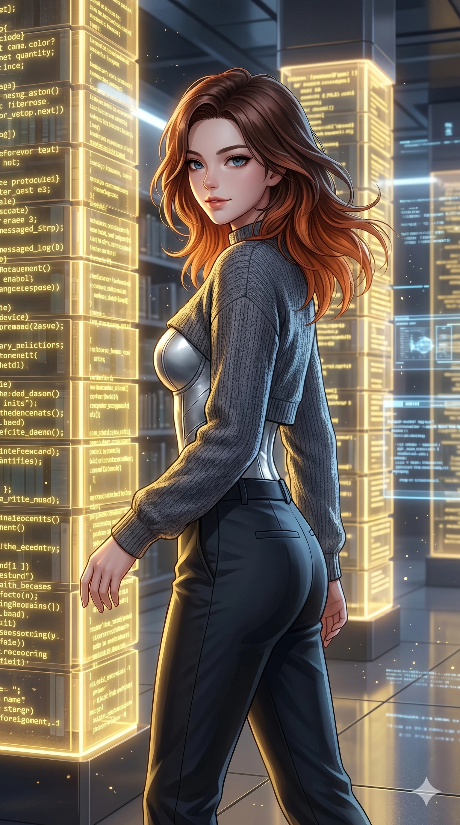 score_9, masterpiece, best quality, ultra-detailed, high-budget anime keyframe, Korean woman. Upper body close-up from the thighs up, character filling the screen for maximum presence. Inside a digital library with glowing code columns, walking between the columns, looking back with a confident half-smile. She is wearing a casual cropped knit sweater, silver bodice, and dark trousers. The scene is lit by the neon yellow glow of the code columns and white key lights. 2k, ultra detail, master piece, 9:16 ratio