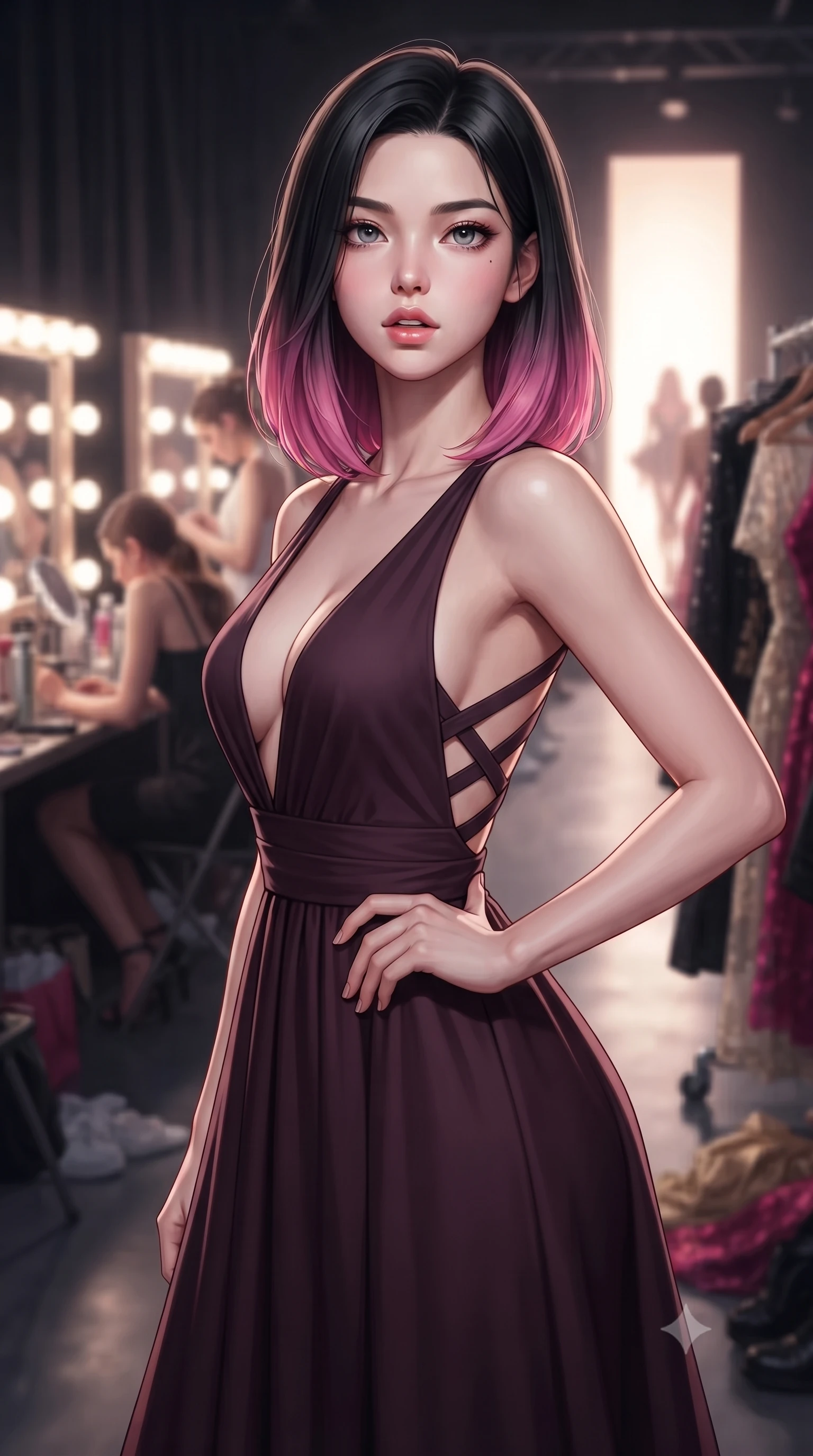 score_9, masterpiece, best quality, ultra-detailed, high-budget anime keyframe, editorial fashion photography, tasteful artistic composition, Korean woman. close-up cowboy shot from the waist and thighs up, the character dominates the composition, filling the frame with her large presence, background elements kept in soft focus. Looking directly at the camera with a bold fearless expression and parted lips. set against a soft-focus background of the electrifying chaos backstage at a haute couture fashion show with Hollywood makeup mirrors surrounded by bulbs garment racks of extraordinary outfits models in final preparation and the runway entrance glowing ahead. She has an exceptionally elegant and slender, willowy female figure with an ultra-slim waist, a gracefully sculpted slender torso, and a refined slim physique. sharp v-shaped jawline, high-bridge nose, intricate jewel-like eyes with depth, thick eyelashes, glossy lips with a natural sheen. wearing a dark plum dress with a deep plunging V-neckline and a criss-cross strap back design. soft glowing ambient light with sharp side key light tracing the sleek contours of her figure. 2k, ultra detail, master piece, 9:16 ratio