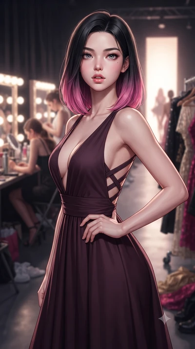 score_9, masterpiece, best quality, ultra-detailed, high-budget anime keyframe, editorial fashion photography, tasteful artistic composition, Korean woman. close-up cowboy shot from the waist and thighs up, the character dominates the composition, fi