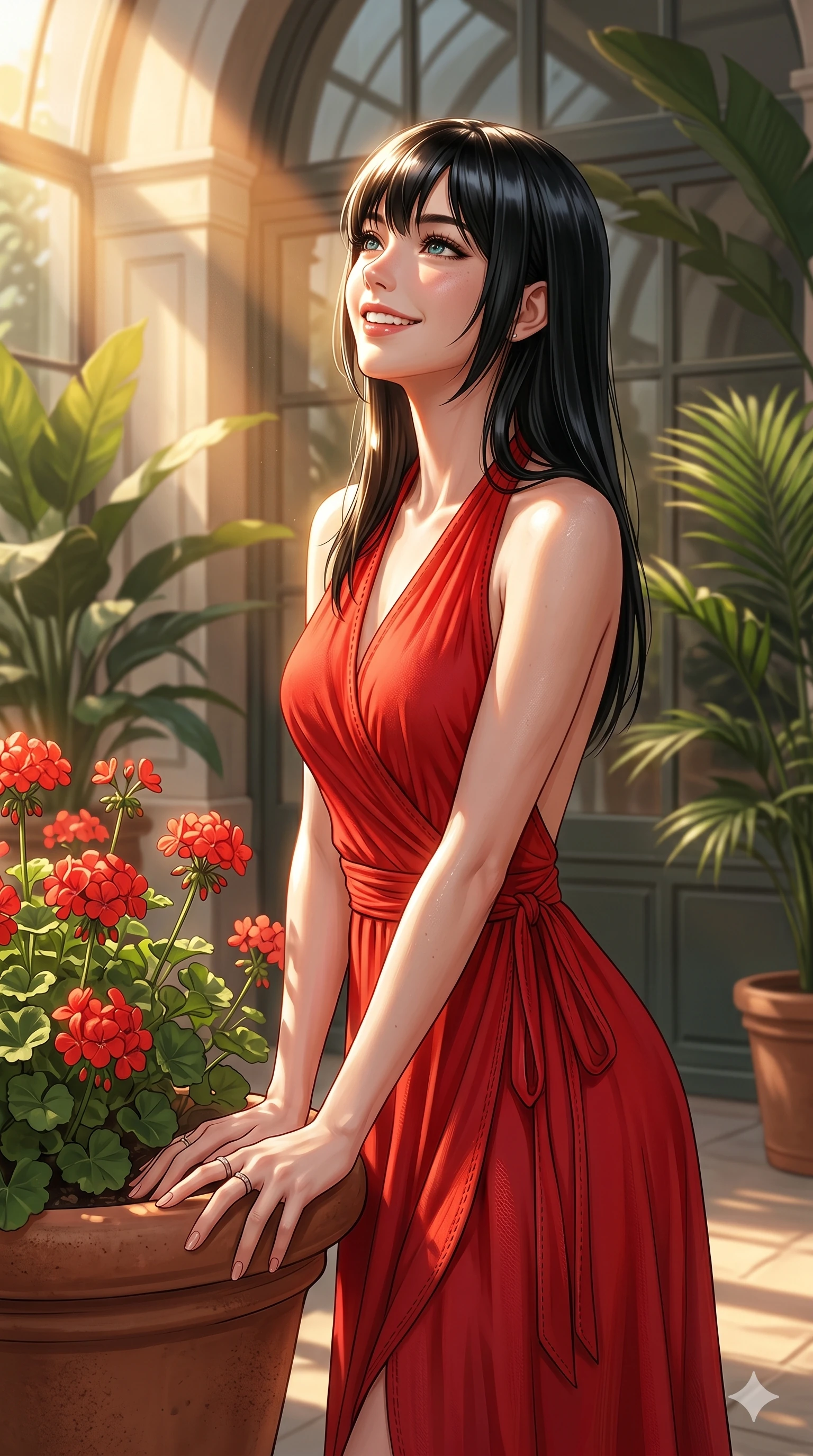 score_9, masterpiece, best quality, ultra-detailed, high-budget anime keyframe, editorial fashion photography, tasteful artistic composition, Caucasian woman, strictly human ears. cowboy shot from the thighs up, character and outfit filling the frame for maximum editorial presence. turning her face to the light with a happy, beaming smile, her expression full of warmth leaning against a large terracotta pot filled with blooming red geraniums in a sunlit atrium. She has an absolutely perfect 8-heads proportion, an exceptionally tall and slender female figure with impossibly long slender legs and an ultra-slim waist. V-shaped jawline, high-bridge nose, intricate jewel-like eyes with depth, thick eyelashes, glossy lips with a natural sheen. wearing a vibrant red wrap dress with a graceful halter neckline and an open-back design. bathed in warm, golden sunbeams that illuminate the rich colors of the flowers and her dress. 2k, ultra detail, master piece, 9:16 ratio