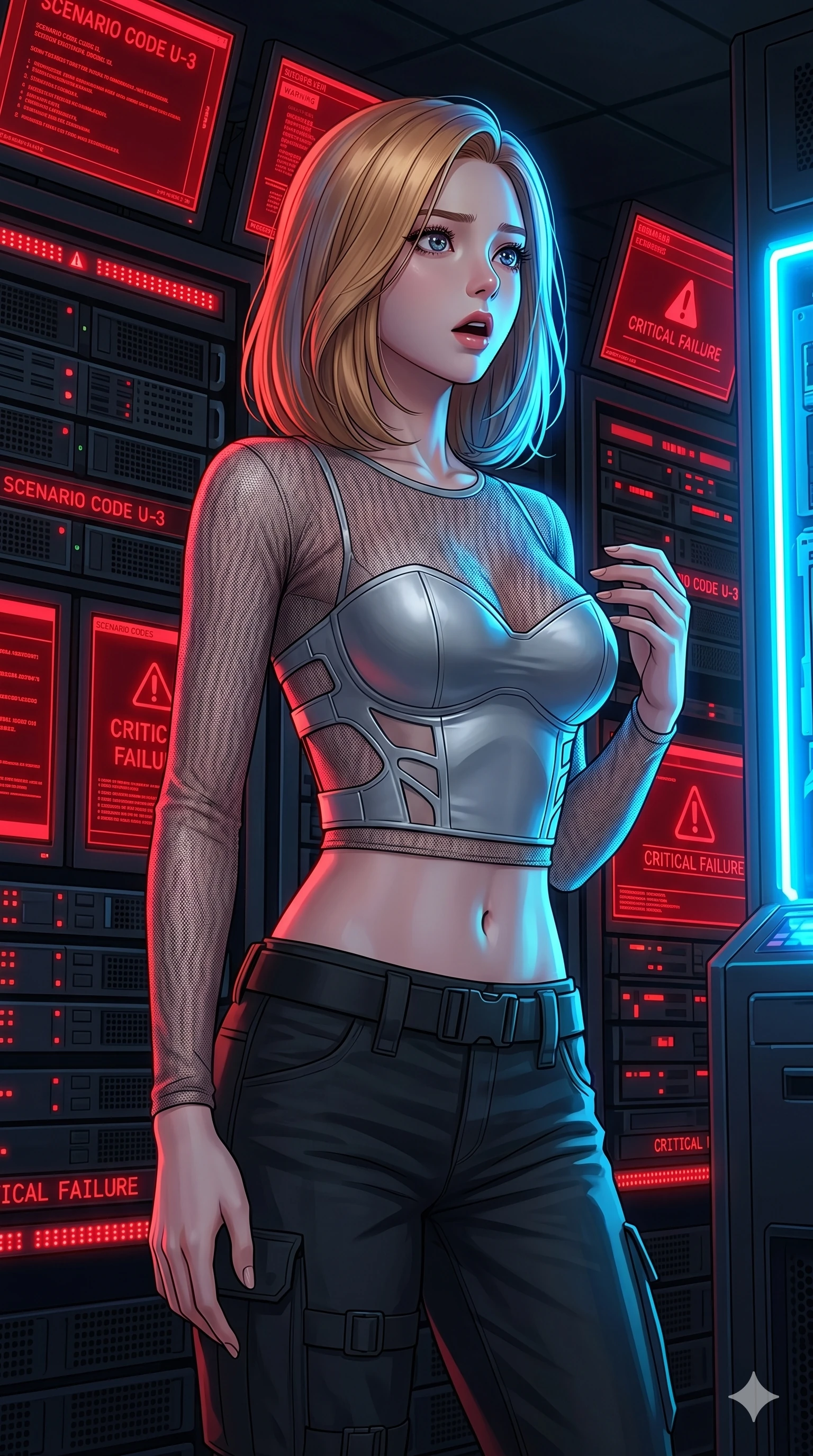 score_9, masterpiece, best quality, ultra-detailed, high-budget anime keyframe, editorial fashion photography, tasteful artistic composition, Korean woman. cowboy shot from the thighs up, character and outfit filling the frame for maximum editorial presence. staring at the source of light with a stunned, breathless look, her chest rising and falling rapidly standing inside a server room when all monitors suddenly flash bright red warnings (Scenario Code U-3). She has an absolutely perfect 8-heads proportion, an exceptionally tall and slender female figure with impossibly long slender legs and an ultra-slim waist. V-shaped jawline, high-bridge nose, intricate jewel-like eyes with depth, thick eyelashes, glossy lips with a natural sheen. wearing a sheer mesh crop top over a structured silver bustier with side cutouts. lit by the intense neon blue glow of a malfunctioning machine, tracing her silhouette. 2k, ultra detail, master piece, 9:16 ratio