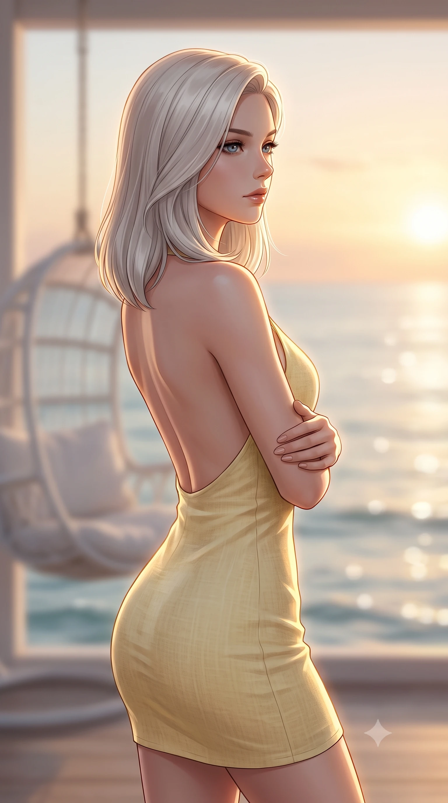 score_9, masterpiece, best quality, ultra-detailed, high-budget anime keyframe, editorial fashion photography, tasteful artistic composition, Caucasian woman woman. close-up cowboy shot from the waist and thighs up, the character dominates the composition, filling the frame with her large presence, background elements kept in soft focus. looking past the camera with a peaceful, thoughtful gaze, enjoying the warm sunlight the background shows a soft-focus a white hanging swing chair on a quiet beach resort balcony, looking out at the calm ocean. She has an exceptionally elegant, slender, and willowy female figure with an ultra-slim waist, a gracefully sculpted slender torso, and a refined silhouette. sharp v-shaped jawline, high-bridge nose, intricate jewel-like eyes with depth, thick eyelashes, glossy lips with a natural sheen. wearing a form-contouring backless summer sundress in pale yellow linen, showing her elegant shoulder blades. warm golden hour light tracing a soft glowing rim light along her figure. 2k, ultra detail, master piece, 9:16 ratio