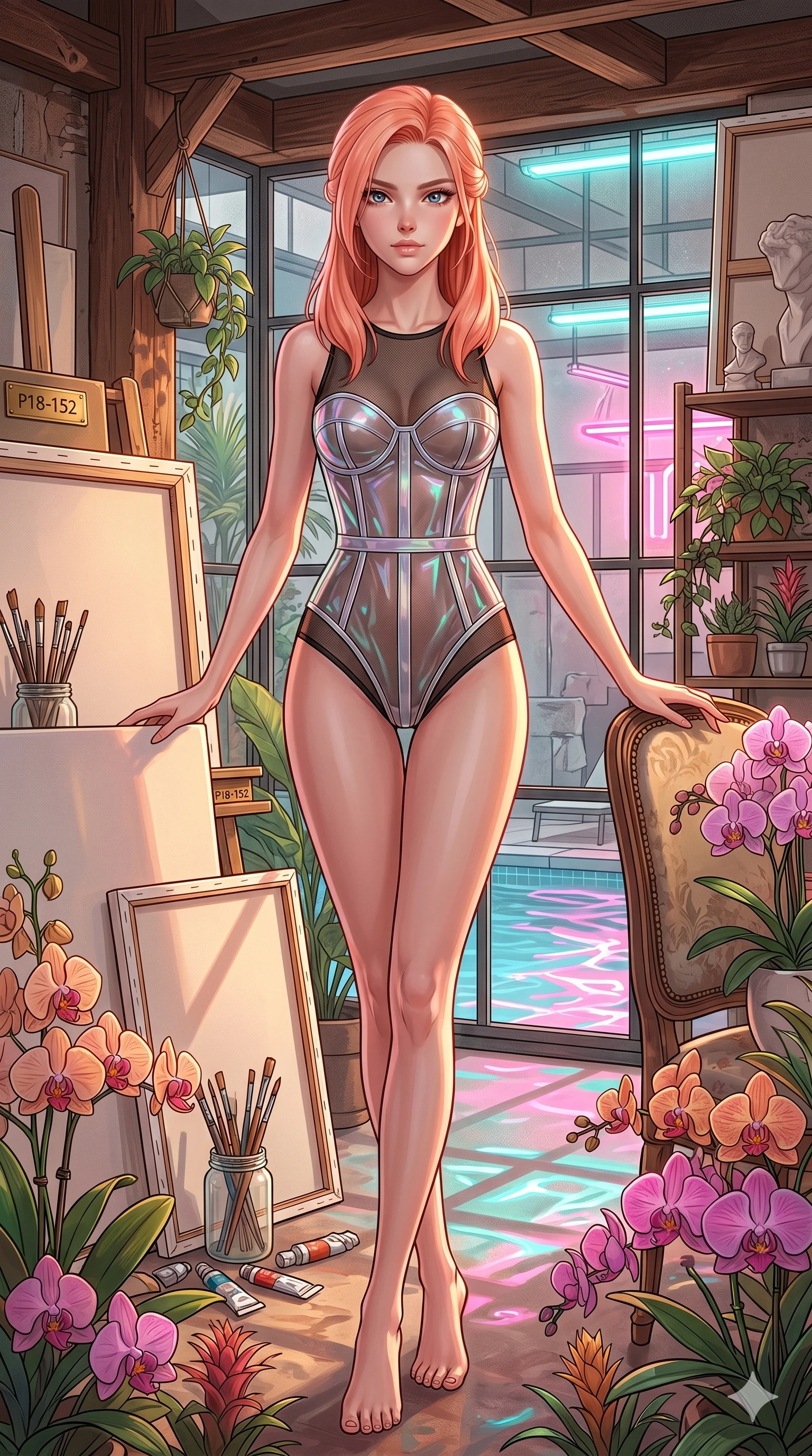 score_9, masterpiece, best quality, ultra-detailed, high-budget anime keyframe, editorial fashion photography, tasteful artistic composition, Japanese woman. cowboy shot from the thighs up, character and outfit filling the frame for maximum editorial presence. standing among tropical orchids, looking at the viewer inside a quiet, sunlit art studio filled with blank canvases and brushes (Code-P18-152). She has an absolutely perfect 8-heads proportion, an exceptionally tall and slender female figure with impossibly long slender legs and an ultra-slim waist. V-shaped jawline, high-bridge nose, intricate jewel-like eyes with depth, thick eyelashes, glossy lips with a natural sheen. wearing a transparent vinyl corset over a sheer mesh bodysuit. neon pink and cyan reflections from the pool water casting shimmering light patterns. 2k, ultra detail, master piece, 9:16 ratio