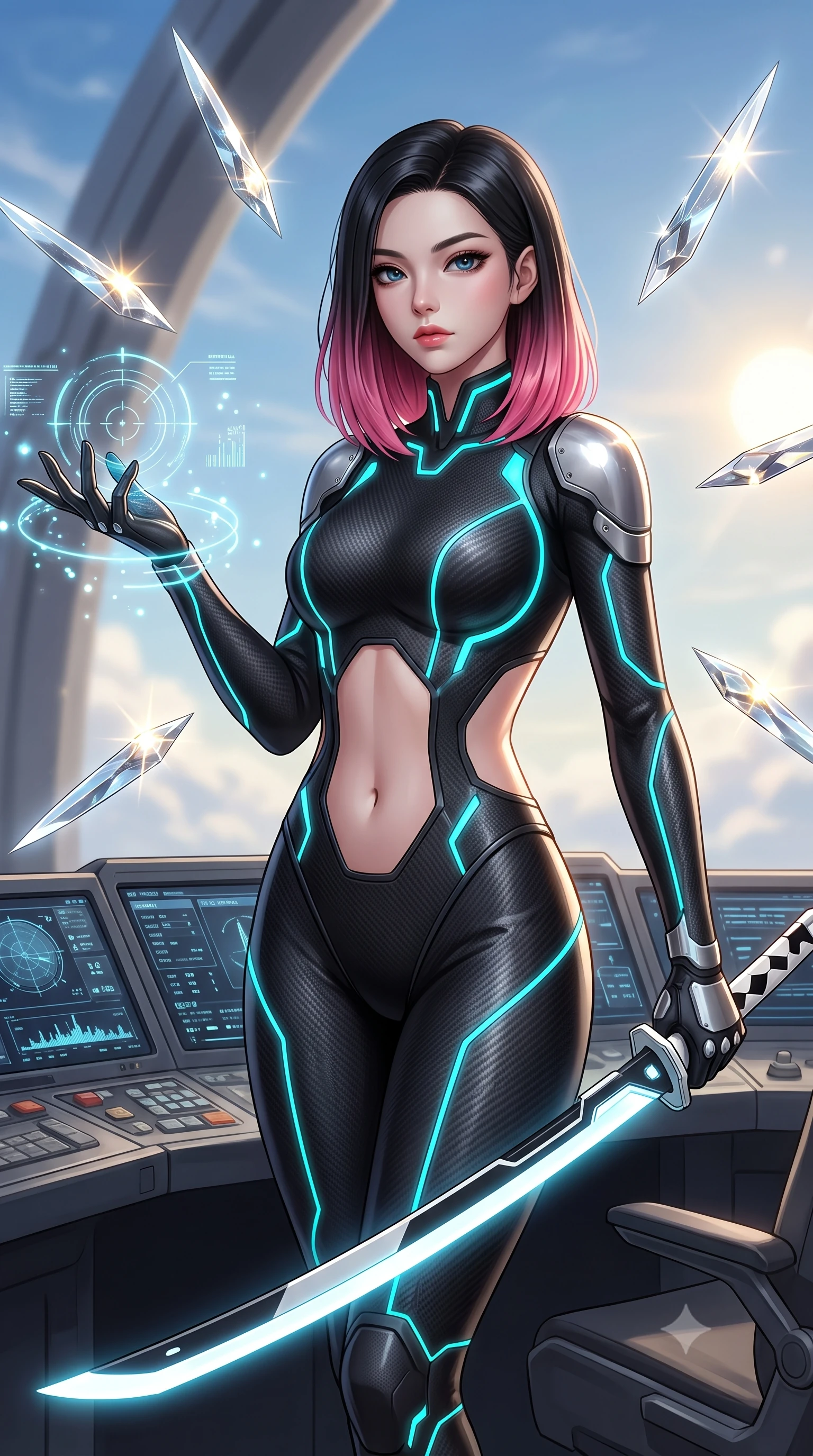 score_9, masterpiece, best quality, ultra-detailed, high-budget anime keyframe, semi-realistic 3D game render, editorial fashion photography, tasteful artistic composition, Korean woman. close-up cowboy shot from the waist and thighs up, the character dominates the composition, filling the frame with her large presence. extending one arm gracefully as glowing holographic targeting reticles and data streams orbit her fingertips with sovereign power while leaning against a flight control console with one hand extended, directing the floating blades with graceful finger gestures. The composition keeps background elements in soft focus with creamy bokeh. glistening nano-crystal blade facets scattering bright sun glints across a breathtaking sky backdrop. She has an exceptionally elegant, slender, and willowy female figure with an ultra-slim waist, a gracefully sculpted slender torso, toned flat midriff, and a refined slim silhouette. sharp v-shaped jawline, high-bridge nose, intricate jewel-like eyes with depth, thick eyelashes, glossy lips with a natural sheen, flawlessly proportioned anatomical accuracy, strict slender model proportions, natural body alignment, perfectly sculpted long slender limbs, ultra-slim waistline, clean dynamic posture without body distortion. wearing an aerodynamic matte-black carbon-fiber bodysuit with glowing neon cyan conduit lines, reinforced by polished titanium pauldrons, wielding a sleek holographic plasma katana with a brilliant energy blade in monochrome white enamel carbon with high-contrast black panels, made of liquid carbon-jersey fabric adhering flawlessly to her sculpted silhouette, finished with high-mobility articulation joints and miniature magnetic armor locks, the precision-cut daring openings accentuating her delicate midriff, graceful bare collarbones, and ultra-slim feminine waistline. surrounded by an elevated, supreme, and radiantly commanding aerospace goddess aura. rich saturated anime colors with glowing neon highlights, detailed shading with soft gradients, rich glossy textures, high-contrast stereoscopic depth, volumetric dynamic lighting, master piece, 9:16 ratio