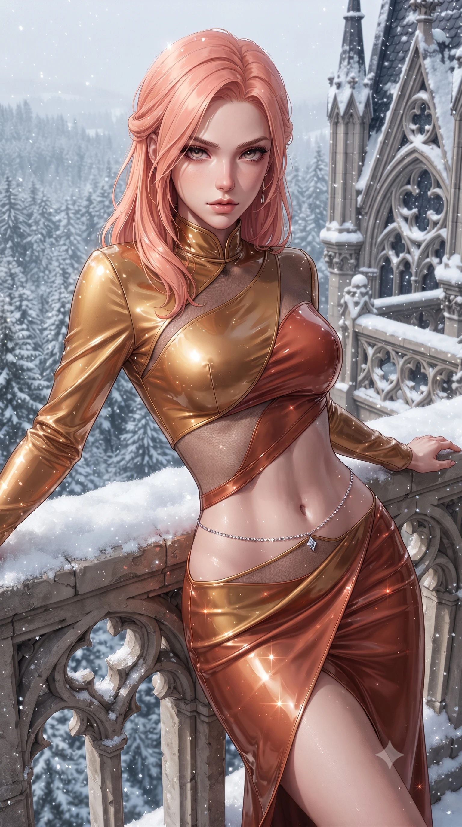 score_9, masterpiece, best quality, ultra-detailed, high-budget anime keyframe, editorial fashion photography, tasteful artistic composition, Japanese woman. close-up cowboy shot from the waist and thighs up, the character dominates the composition, filling the frame with her large presence. leaning back with relaxed seductive grace, her sculpted collarbones and narrow waist highlighted as she casts smoldering bedroom-eyes directly into the camera while standing on the carved limestone balcony of the fairy-tale castle, arching her lower back as fresh snow blankets the gothic turrets and pine forests. The surrounding environment is rendered in vivid detail and crisp panoramic clarity. sharp carved gothic tracery stonework, fresh powdery snow crystals, and pine needle texture in deep focus. She has an exceptionally elegant, slender, and willowy female figure with an ultra-slim waist, flat toned midriff, narrow ribcage, and sculpted feminine hips creating an alluring, slim hourglass silhouette without bulk. sharp v-shaped jawline, high-bridge nose, intricate jewel-like eyes with depth, thick eyelashes, glossy parted lips with a natural sheen, intensely captivating and seductive bedroom-eyes expression, flawlessly proportioned anatomical accuracy, strict slender model proportions, natural body alignment, perfectly sculpted long slender limbs, ultra-slim waistline, clean dynamic posture without body distortion. wearing a wet-look silk fusion wrap dress with asymmetrical sheer mesh cutouts and high Mandarin collar in molten desert gold and burnt terracotta, tailored from second-skin aerodynamic stretch vinyl with specular wet sheen, accented with a dainty diamond waist chain catching the ambient light reflections, the second-skin form-contouring cut accentuating her sculpted flat midriff, narrow delicate ribcage, and gracefully curvy hips with supermodel precision. illuminated by sparkling snow specular reflections sculpting her razor-sharp jawline, narrow waist, and curvy hips. ultra-reflective glossy finish, specular highlights, rich textural contrasts, high-contrast stereoscopic depth, volumetric dynamic lighting, 2k, ultra detail, master piece, 9:16 ratio