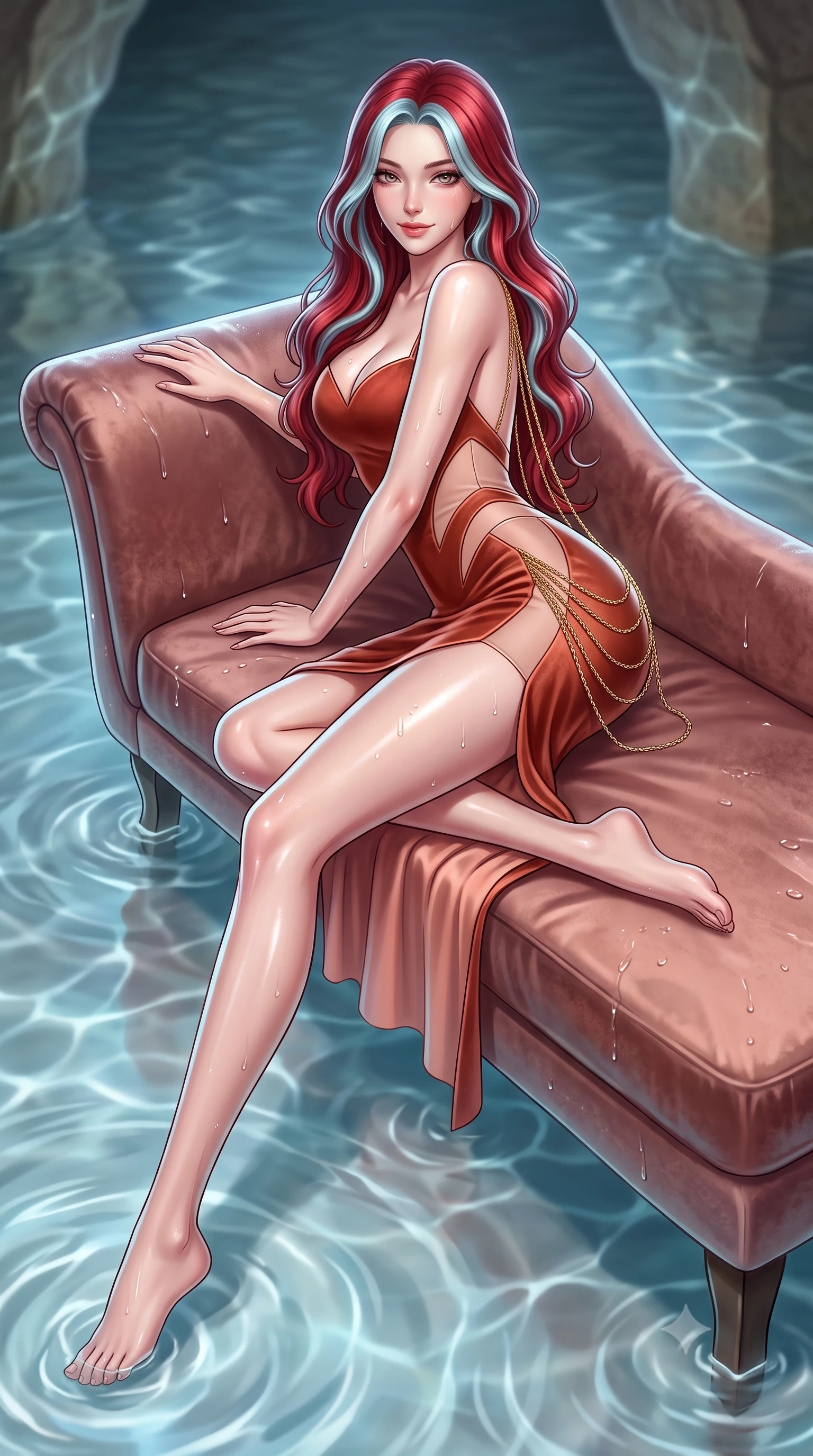 score_9, masterpiece, best quality, ultra-detailed, high-budget anime keyframe, semi-realistic 3D game render, editorial fashion photography, tasteful artistic composition, Caucasian woman. low angle full-body shot from head to toe showing her feet, filling the entire 9:16 vertical frame with her statuesque presence, stretching her vertical silhouette. reclining gracefully across the plush chaise lounge with one leg extended, her sculpted silhouette and flat midriff radiating magnetic nocturnal glamour while lounging in the shallow cave pool propped on one hand, her wet-look silhouette radiating mystical Mediterranean enchantment. The background shows a soft-focus gentle cave water ripples softened in mystical aquatic shallow focus. She has an absolutely perfect, statuesque 8.5-heads proportion, an exceptionally tall and slender model-like female figure with impossibly long slender legs, an ultra-slim waist, a flat toned midriff, narrow delicate ribcage, and beautifully sculpted feminine hips creating a graceful, slim hourglass silhouette without any bulky heaviness. sharp v-shaped jawline, high-bridge nose, sparkling eyes with hypnotic seductive depth, thick curled eyelashes, glossy parted lips with a natural dewy peach sheen, alluring bedroom-eyes with an enchanting coquettish smile, exuding magnetic siren charisma and sophisticated glamour, flawlessly proportioned anatomical accuracy, strict slender model proportions, natural body alignment, perfectly sculpted long slender limbs, ultra-slim waistline, clean dynamic posture without body distortion. wearing a deep sweetheart-neckline velvet bodycon dress with sheer side-torso cutouts accentuating her hourglass curves in Positano terracotta and blush peach, tailored from fine structural neoprene with crisp architectural edges and smooth contouring, accented with an open-back drape framed by falling strands of delicate gold chains, the precision-cut side openings and low-back scoop framing her graceful spine and the sensual sweep of her slim, toned hips. illuminated by subterranean water reflection bounce and sharp icy-platinum rim lights defining her delicate clavicles, narrow waist, and curvy hips. highly saturated vibrant anime colors, detailed shading with soft gradients, rich glossy textures, high-contrast stereoscopic depth, volumetric dynamic lighting, master piece, 9:16 ratio