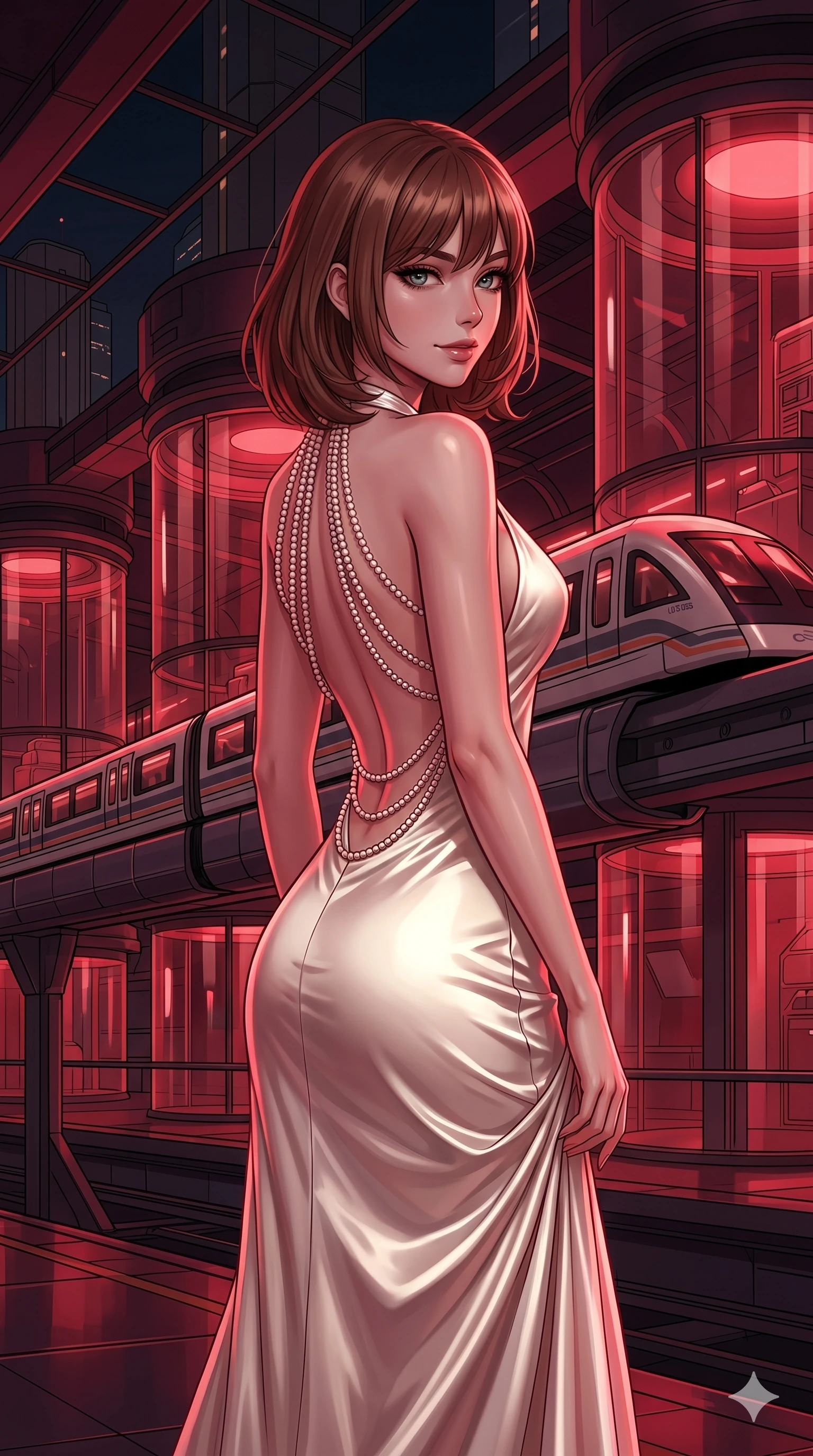 score_9, masterpiece, best quality, ultra-detailed, high-budget anime keyframe, editorial fashion photography, tasteful artistic composition, Caucasian woman, strictly human ears. cowboy shot from the thighs up, character and outfit filling the frame for maximum editorial presence. Glancing sidelong over her shoulder with a smoldering half-smile inside a futuristic train station with glass-walled tubes containing magnetic trains. She has an absolutely perfect 8-heads proportion, an exceptionally tall and slender female figure with impossibly long slender legs and an ultra-slim waist. V-shaped jawline, high-bridge nose, intricate jewel-like eyes with depth, thick eyelashes, glossy lips with a natural sheen. wearing an ivory silk satin gown with a halter neckline and delicate rows of pearls draping across her open back, falling into a column skirt. drenched in deep crimson theatrical lighting with sharp specular highlights on every curve. 2k, ultra detail, master piece, 9:16 ratio