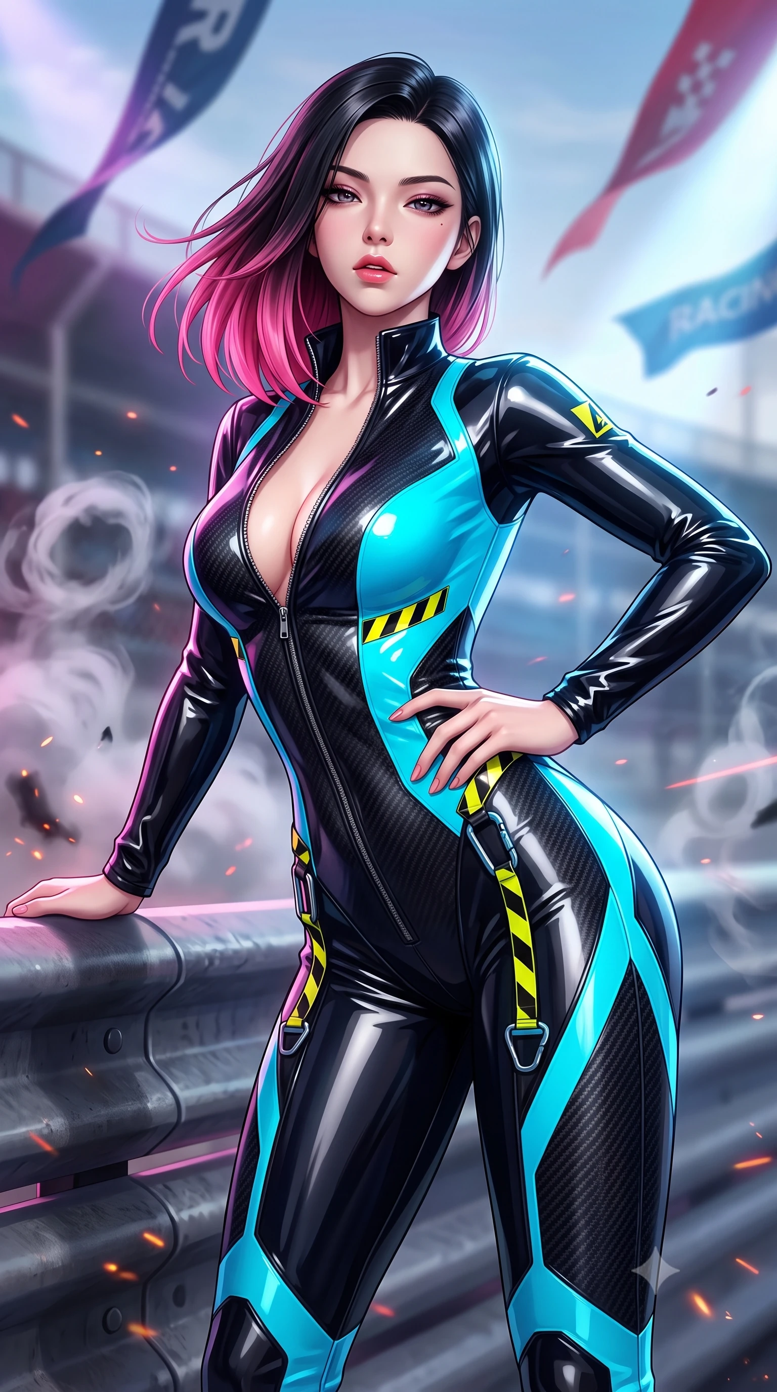 score_9, masterpiece, best quality, ultra-detailed, high-budget anime keyframe, semi-realistic 3D game render, editorial fashion photography, tasteful artistic composition, Korean woman. close-up cowboy shot from the waist and thighs up, the character dominates the composition, filling the frame with her large presence. arching her spine in an alluring serpentine S-curve, one hand resting on her waist with parted glossy lips and an intensely magnetic gaze while leaning against a heavy track barrier, tossing her hair over one shoulder as wind whips the racing circuit banners. The composition keeps background elements in soft focus with creamy bokeh. swirling smoke rings and burning rubber particulate catching laser beam motes across the circuit. She has an exceptionally elegant, slender, and willowy female figure with an ultra-slim waist, a gracefully sculpted slender torso, toned flat midriff, and a refined slim silhouette. sharp v-shaped jawline, high-bridge nose, intricate jewel-like eyes with depth, thick eyelashes, glossy parted lips with a natural sheen, intensely captivating and seductive expression, flawlessly proportioned anatomical accuracy, strict slender model proportions, natural body alignment, perfectly sculpted long slender limbs, ultra-slim waistline, clean dynamic posture without body distortion. wearing a high-gloss patent leather racing catsuit with an open front zipper and high stand collar in carbon matte black and neon electric cyan, formed from ultra-sleek carbon-fiber reinforced composite with specular sheen, finished with high-visibility hazard warning tape details and carabiner clips, the athletic second-skin cut highlighting her toned flat midriff and slender model proportions during dynamic action. bathed in dynamic color-shifting LED race lights and sweeping white spotlight fill. highly saturated vibrant anime colors, detailed shading with soft gradients, rich glossy textures, high-contrast stereoscopic depth, volumetric dynamic lighting, master piece, 9:16 ratio