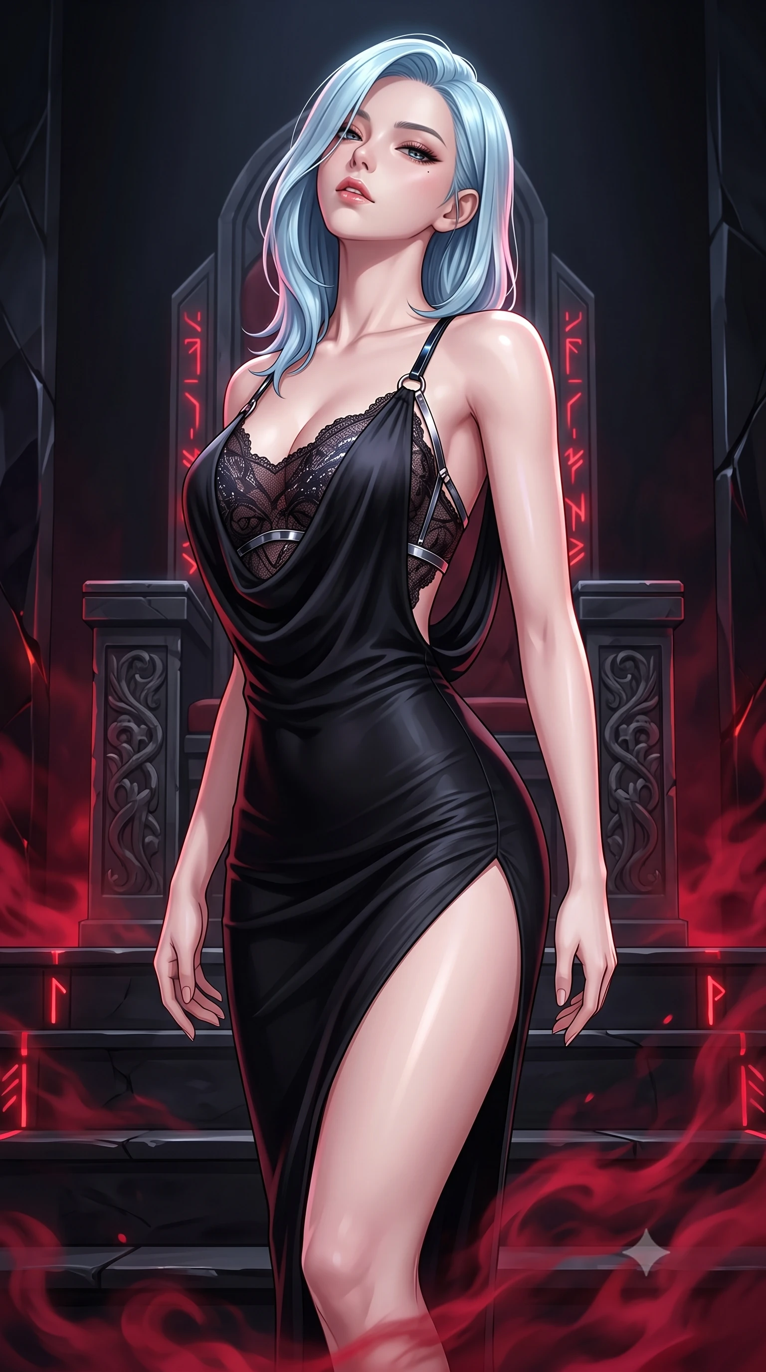 score_9, masterpiece, best quality, ultra-detailed, high-budget anime keyframe, semi-realistic 3D game render, editorial fashion photography, tasteful artistic composition, Korean woman. close-up cowboy shot from the waist and thighs up, the character dominates the composition, filling the frame with her large presence. tilting her head back with a sensual alluring expression, exposing her throat and shoulders to the camera with heavy lashes and softly parted glossy lips while biting her lower lip with a dangerous, tempting smolder while standing with sovereign authority atop black stone dais steps as swirling crimson mist coils around her slender ankles. The surrounding environment is rendered in vivid detail and crisp panoramic clarity. razor-sharp obsidian stone facet reflections, glowing red rune lines, and detailed stone throne carvings in deep focus. She has an exceptionally elegant, slender, and willowy female figure with an ultra-slim waist, a gracefully sculpted slender torso, toned flat midriff, and a refined slim silhouette. sharp v-shaped jawline, high-bridge nose, intricate jewel-like eyes with depth, thick eyelashes, glossy lips with a natural sheen, flawlessly proportioned anatomical accuracy, strict slender model proportions, natural body alignment, perfectly sculpted long slender limbs, ultra-slim waistline, clean dynamic posture without body distortion. wearing a precision-fitted liquid jersey bodycon dress in obsidian black with a dramatic draped cowl back that swoops down to her waist and a high side slit in dark monochrome black and high-contrast pale skin accents, crafted from delicate dark lace interwoven with luminescent micro-fibers, reinforced by a sleek metallic chrome harness and delicate dark glowing micro-straps, the sleek second-skin cut tightly hugging her graceful clavicle, narrow waist, and feminine curves with athletic precision. surrounded by a commanding, dark, and fiercely provocative blood-empress aura. rich saturated anime colors with deep moody shadows, detailed chiaroscuro shading with soft gradients, rich glossy textures, high-contrast stereoscopic depth, volumetric dynamic shadow lighting, master piece, 9:16 ratio