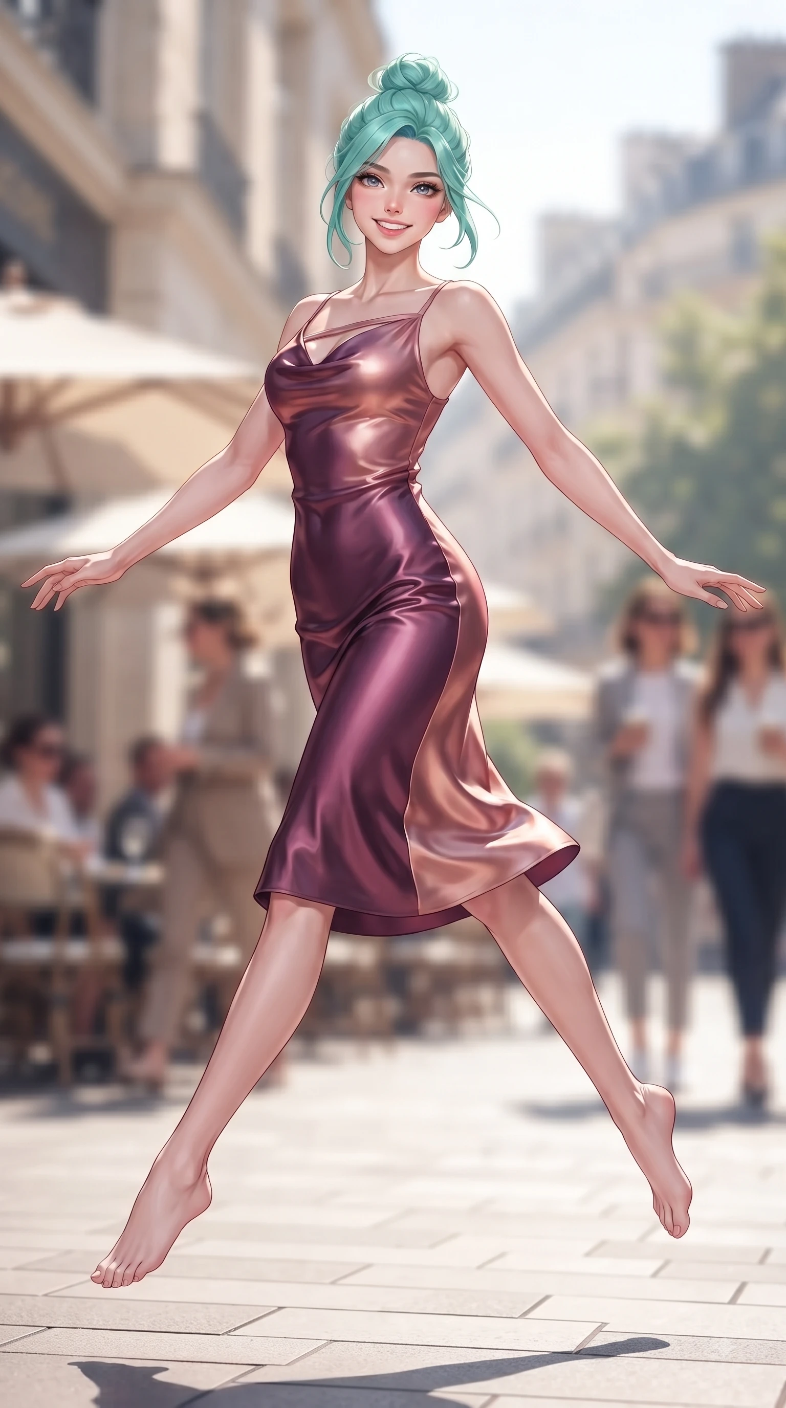 score_9, masterpiece, best quality, ultra-detailed, high-budget anime keyframe, editorial fashion photography, tasteful artistic composition, Japanese woman. low angle full-body shot from head to toe showing her feet, filling the entire 9:16 vertical frame with her statuesque presence, stretching her vertical silhouette. leaping with pure youthful energy through the scene with a radiant bright smile, her long slender legs balanced gracefully while pivoting gracefully outside a luxury fashion popup store with a captivating bright smile. The composition keeps background elements in soft focus with dreamy bokeh. sunlit cafe terraces and stylish passersby softened in a dreamy shallow depth of field. She has an absolutely perfect, statuesque 8.5-heads proportion, an exceptionally tall and slender model-like female figure with impossibly long slender legs and an ultra-slim waist. sharp v-shaped jawline, high-bridge nose, intricate jewel-like eyes with depth, thick eyelashes, glossy lips with a natural sheen, flawlessly proportioned anatomical accuracy, natural body alignment, perfectly sculpted elegant limbs, clean dynamic posture without body distortion. wearing an elegant cowl-neck silk satin midi dress with a graceful draped neckline in rich plum purple and rose gold, made of premium stretch jersey that follows her curves like a glove, accented with a Tasteful chest slit framing her clavicle gracefully, the tailored fabric tightly following every curve of her athletic build. illuminated by crisp clear afternoon key light and vibrant specular highlights. ultra-reflective glossy finish, specular highlights, metallic sheen, high-contrast stereoscopic depth, volumetric dynamic lighting, 2k, ultra detail, master piece, 9:16 ratio