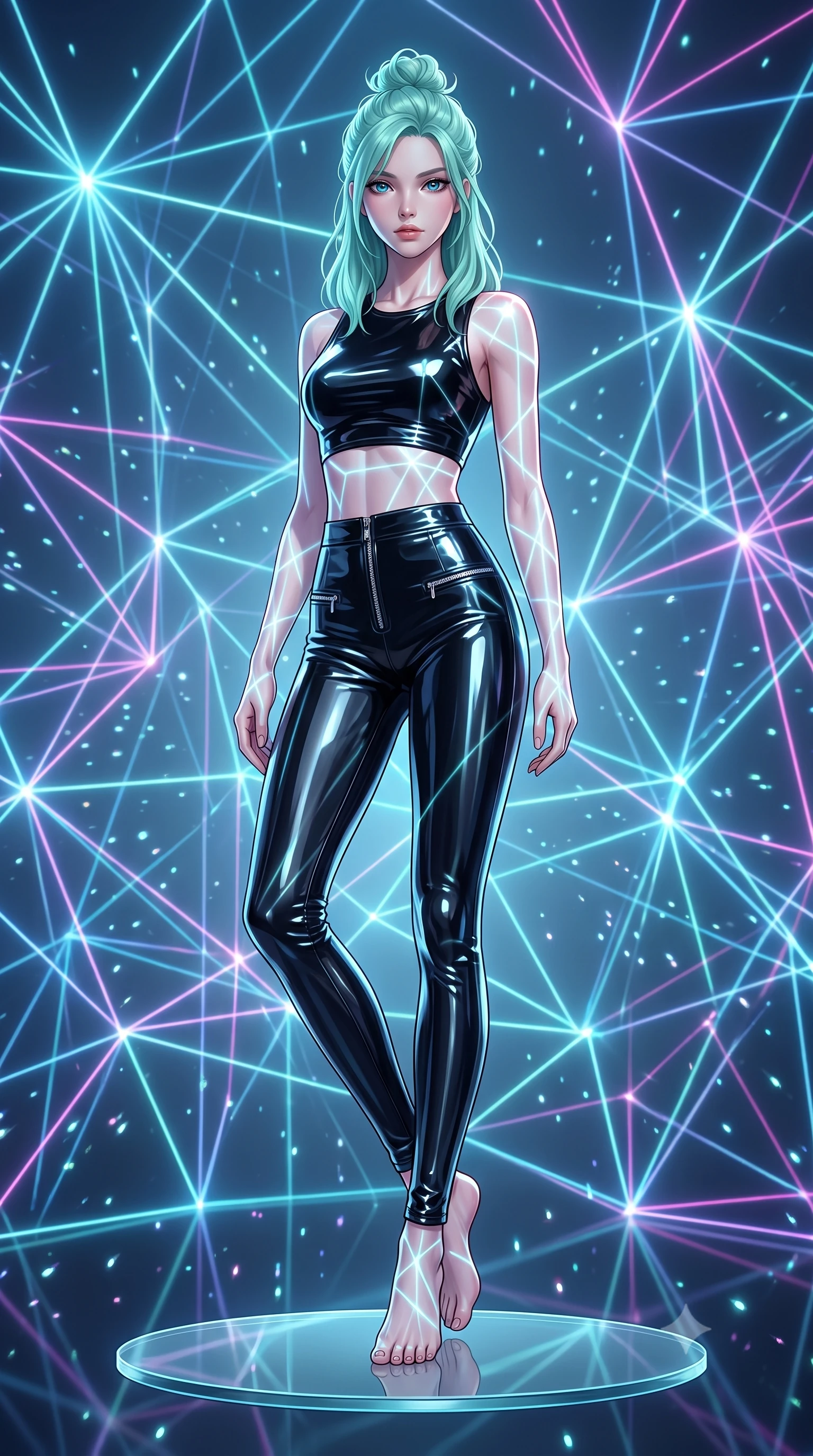 score_9, masterpiece, best quality, ultra-detailed, high-budget anime keyframe, editorial fashion photography, tasteful artistic composition, Japanese woman. low angle full-body shot from head to toe showing her feet, filling the entire 9:16 vertical frame with her statuesque presence, stretching her vertical silhouette. navigating the luminous space with effortless poise, displaying her perfect model proportions poised on a floating glass disk suspended inside a geometric light matrix, glowing fiber optic motes drifting like fireflies in the background. She has an absolutely perfect, statuesque 8.5-heads proportion, an exceptionally tall and slender model-like female figure with impossibly long slender legs and an ultra-slim waist. sharp v-shaped jawline, high-bridge nose, intricate jewel-like eyes with depth, thick eyelashes, glossy lips with a natural sheen. wearing a glossy vinyl crop top and high-waist tailored leggings with sleek metallic zippers, the elegant draped fit framing her graceful clavicle and slender torso. bathed in sharp geometric laser grid highlights and soft ambient fill. highly saturated vibrant anime colors, detailed shading with soft gradients, rich glossy textures, high-contrast stereoscopic depth, volumetric dynamic lighting, master piece, 9:16 ratio