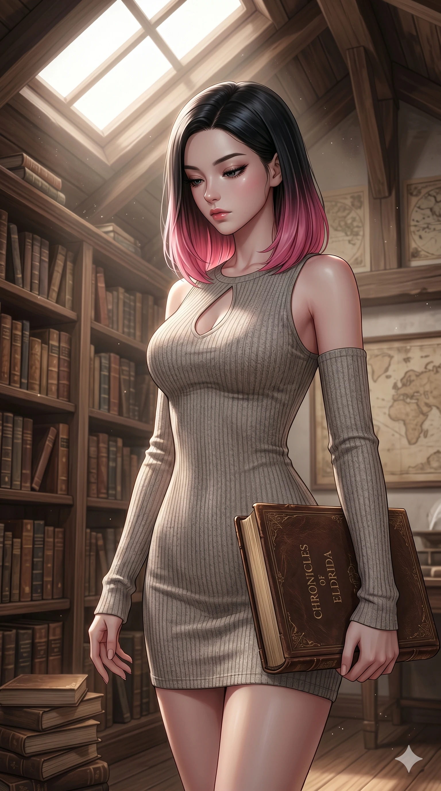 score_9, masterpiece, best quality, ultra-detailed, high-budget anime keyframe, editorial fashion photography, tasteful artistic composition, Korean woman. cowboy shot from the thighs up, character and outfit filling the frame for maximum editorial presence. holding a heavy book with one hand, looking down with lowered lashes in a thoughtful, composed gesture inside a sunlit library attic filled with leather-bound books (Code-P16-011). She has an absolutely perfect 8-heads proportion, an exceptionally tall and slender female figure with impossibly long slender legs and an ultra-slim waist. V-shaped jawline, high-bridge nose, intricate jewel-like eyes with depth, thick eyelashes, glossy lips with a natural sheen. wearing a cozy ribbed bodycon dress with a tasteful chest slit and long detached sleeves. soft glowing ambient light from a large skylight, highlighting her high-bridge nose and lips. 2k, ultra detail, master piece, 9:16 ratio