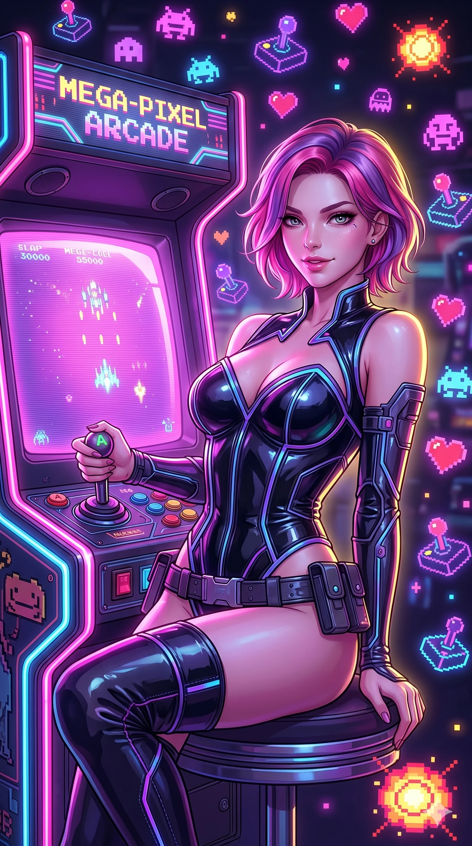 score_9, masterpiece, best quality, ultra-detailed, high-budget anime keyframe, Caucasian woman, strictly human ears. Upper body close-up from the thighs up, character filling the screen for maximum presence. She is leaning back against a glowing retro arcade cabinet, surrounded by floating pixelated neon icons. She holds a glowing joystick with a teasing, commanding smile. She has an absolutely perfect 8-heads proportion, a tall and elegant figure with a refined silhouette and a defined waistline. V-shaped jawline, high-bridge nose, intricate jewel-like eyes with depth, thick eyelashes, glossy lips with a natural sheen. She is wearing a structured cybernetic bodice in glossy vinyl panels, paired with detached sleeves and a refined V-neckline detailed with glowing piping. The scene is illuminated by bright pink and violet neon screen glare and a sharp yellow ambient rim light. 2k, ultra detail, master piece, 9:16 ratio