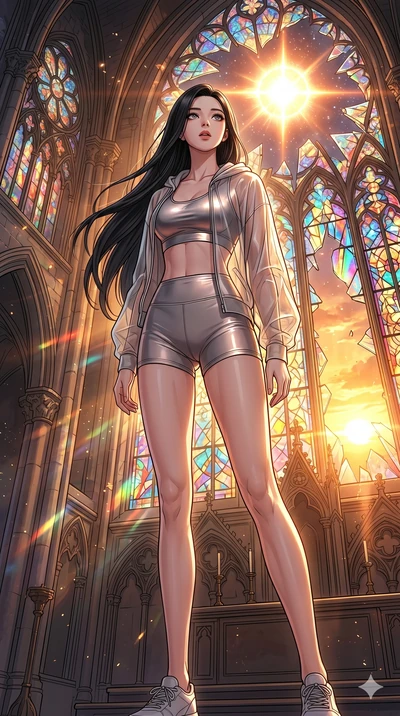 score_9, masterpiece, best quality, ultra-detailed, high-budget anime movie keyframe, cinematic anime lighting, intricate line art, Korean woman. Low angle cowboy shot filling the entire 9:16 frame with her statuesque presence. observing a supernova 