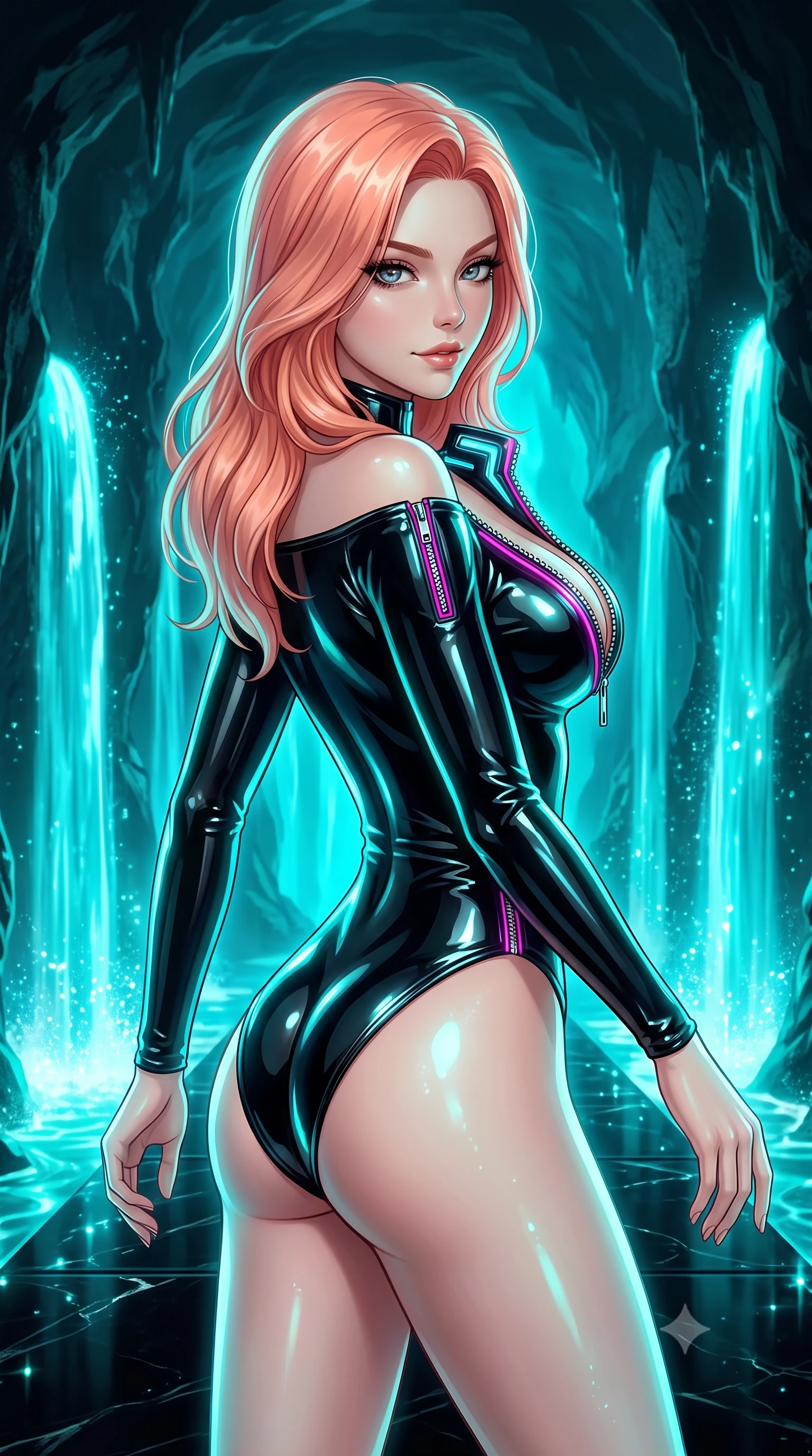 score_9, masterpiece, best quality, ultra-detailed, high-budget anime keyframe, semi-realistic 3D game render, editorial fashion photography, tasteful artistic composition, Japanese woman. close-up cowboy shot from the waist and thighs up, the character dominates the composition, filling the frame with her large presence. stretching forward with an alluring arch of her spine, glancing over her shoulder with thick eyelashes and a smoldering half-smile while stepping along a black quartz pathway flanked by cascading bioluminescent turquoise waterfalls. The surrounding environment is rendered in vivid detail and crisp panoramic clarity. deep chiaroscuro subterranean cavern details captured with environmental precision. She has an exceptionally elegant, slender, and willowy female figure with an ultra-slim waist, a gracefully sculpted slender torso, and a refined silhouette. sharp v-shaped jawline, high-bridge nose, intricate jewel-like eyes with depth, thick eyelashes, glossy lips with a natural sheen, flawlessly proportioned anatomical accuracy, natural body alignment, perfectly sculpted elegant limbs, clean dynamic posture without body distortion. wearing a glossy black second-skin latex bodysuit with high-thigh cuts, exposed clavicle neckline, and gleaming zipper details in chromatic platinum and blazing neon magenta, formed from high-gloss patent material with specular light reflections, featuring a dangerously unzipped neckline framed by glowing cybernetic accents, the form-contouring second-skin material highlighting her ultra-slim waist and long lines. bathed in intense cyan and turquoise bioluminescent glow and glittering water refractions. highly saturated vibrant anime colors, detailed shading with soft gradients, rich glossy textures, high-contrast stereoscopic depth, volumetric dynamic lighting, master piece, 9:16 ratio