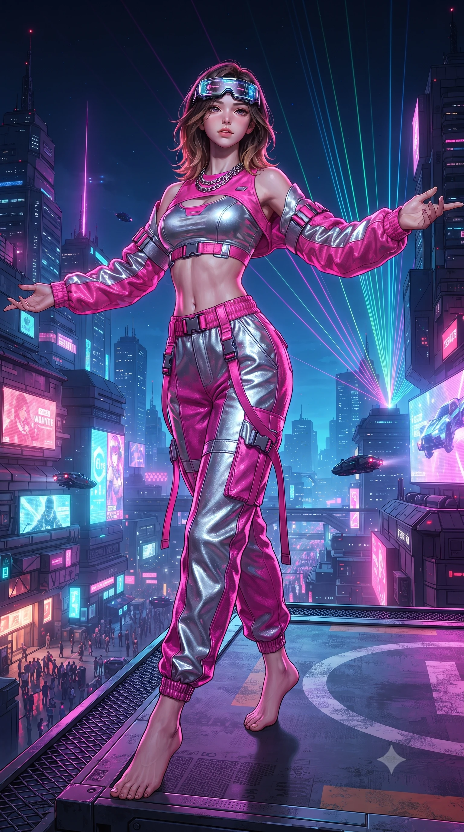 score_9, masterpiece, best quality, ultra-detailed, high-budget anime keyframe, editorial fashion photography, tasteful artistic composition, Korean woman. low angle full-body shot from head to toe showing her feet, filling the entire 9:16 vertical frame with her statuesque presence, stretching her vertical silhouette. standing poised with one hip cocked in an alluring high-fashion pose, her tall 8.5-heads proportions dominating the scene while standing poised on the edge of a rooftop helipad platform with arms outstretched, welcoming the pulsing techno basslines. The surrounding environment is rendered in vivid detail and crisp panoramic clarity. vibrant futuristic rave chiaroscuro and exhilarating high-altitude electronic nightlife in precision. She has an absolutely perfect, statuesque 8.5-heads proportion, an exceptionally tall and slender model-like female figure with impossibly long slender legs, a toned flat midriff, and an ultra-slim waist. sharp v-shaped jawline, high-bridge nose, intricate jewel-like eyes with depth, thick eyelashes, glossy lips with a natural sheen, captivating and magnetic expression, flawlessly proportioned anatomical accuracy, strict slender model proportions, natural body alignment, perfectly sculpted long slender limbs, ultra-slim waistline, clean dynamic posture without body distortion. wearing an aerodynamic athletic crop pullover with detachable sleeves and high-waist techwear joggers in bright cyber pink and chrome silver, tailored from distressed structured cotton denim with metallic thread, accessorized with a chunky silver chain necklace and cyber-visor goggles resting on her brow, the liquid-tight tailored fabric emphasizing every curve of her tall, slender model proportions and sculptured silhouette during dynamic movement. illuminated by crisp rim lights accentuating her ultra-slim waistline and long athletic limbs. ultra-reflective glossy finish, specular highlights, rich textural contrasts, high-contrast stereoscopic depth, volumetric dynamic lighting, 2k, ultra detail, master piece, 9:16 ratio