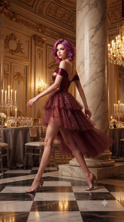 score_9, masterpiece, best quality, ultra-detailed, high-budget anime keyframe, editorial fashion photography, tasteful artistic composition, Caucasian woman. low angle full-body shot from head to toe showing her feet, filling the entire 9:16 vertica