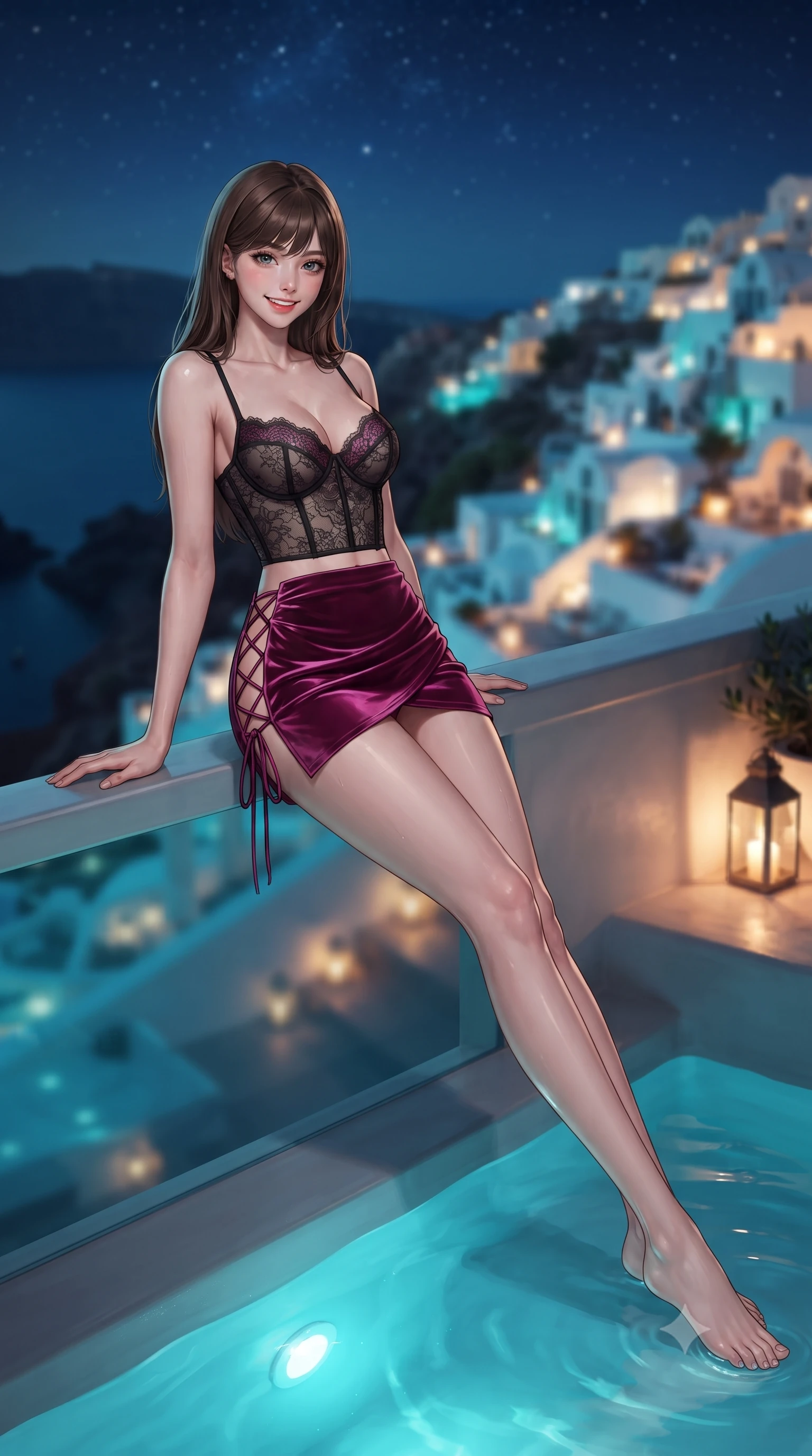score_9, masterpiece, best quality, ultra-detailed, high-budget anime keyframe, editorial fashion photography, tasteful artistic composition, Korean woman. low angle full-body shot from head to toe showing her feet, filling the entire 9:16 vertical frame with her statuesque presence, stretching her vertical silhouette. leaning deep against the balcony balustrade with hips cocked back in an unapologetically alluring high-fashion stance, casting an intoxicating glance while lounging in the heated water propped on the infinity edge with legs extended, her statuesque 8.5-heads silhouette commanding the nocturnal island vista. The background shows a soft-focus tiers of whitewashed Oia cliffside dwellings glowing with warm lanterns, dark volcanic caldera waters, and starry Aegean night sky blurred into turquoise, gold, and sapphire bokeh. She has an exceptionally tall and slender model-like 8.5-heads proportion, an ultra-slim waist, a flat toned midriff, narrow delicate ribcage, and beautifully sculpted feminine hips creating a graceful, slim hourglass silhouette without any bulky heaviness, with impossibly long slender legs. sharp v-shaped jawline, high-bridge nose, intricate jewel-like sparkling eyes with depth, thick eyelashes, glossy parted lips with a natural peach sheen, bright cheerful beaming smile with an enchanting and coquettish sensual glint, exuding both youthful cute charm and seductive allure, flawlessly proportioned anatomical accuracy, strict slender model proportions, natural body alignment, perfectly sculpted long slender limbs, ultra-slim waistline, clean dynamic posture without body distortion. wearing a sculpted underwire demi-bustier in semi-sheer lace paired with an ultra-short draped tulip skirt in Gangnam electric magenta noir and glossy onyx, tailored from ultra-plush silk velvet with rich tactile depth and deep shadow gradients, featuring fine criss-cross lace-up side ties revealing tantalizing glimpses of her hip curve, the precision-cut side openings and low-back scoop framing her graceful spine and the sensual sweep of her slim, toned hips. bathed in underwater plunge pool turquoise LEDs contrasted with cool Aegean silver moonlight and warm cliffside lantern glows. ultra-reflective glossy finish, specular highlights, rich textural contrasts, high-contrast stereoscopic depth, volumetric dynamic lighting, 2k, ultra detail, master piece, 9:16 ratio