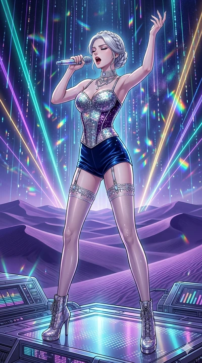 score_9, masterpiece, best quality, ultra-detailed, high-budget anime movie keyframe, cinematic anime lighting, intricate line art, Korean woman. Low angle cowboy shot filling the entire 9:16 frame with her statuesque presence. singing on a laser sta